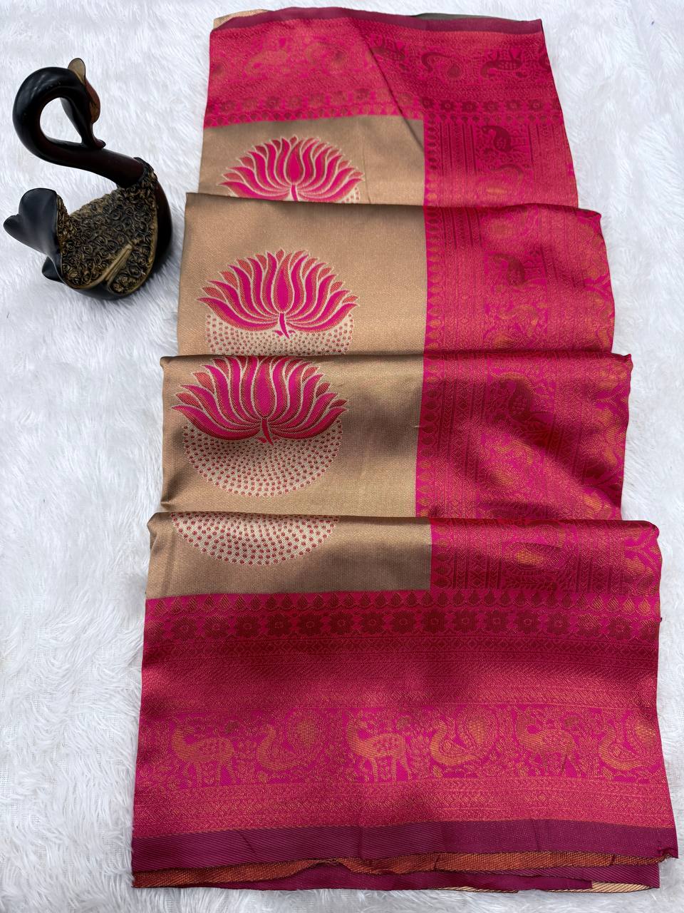 Elegant Banarasi Soft Silk Saree with Peacock & Floral Weaving Border pink