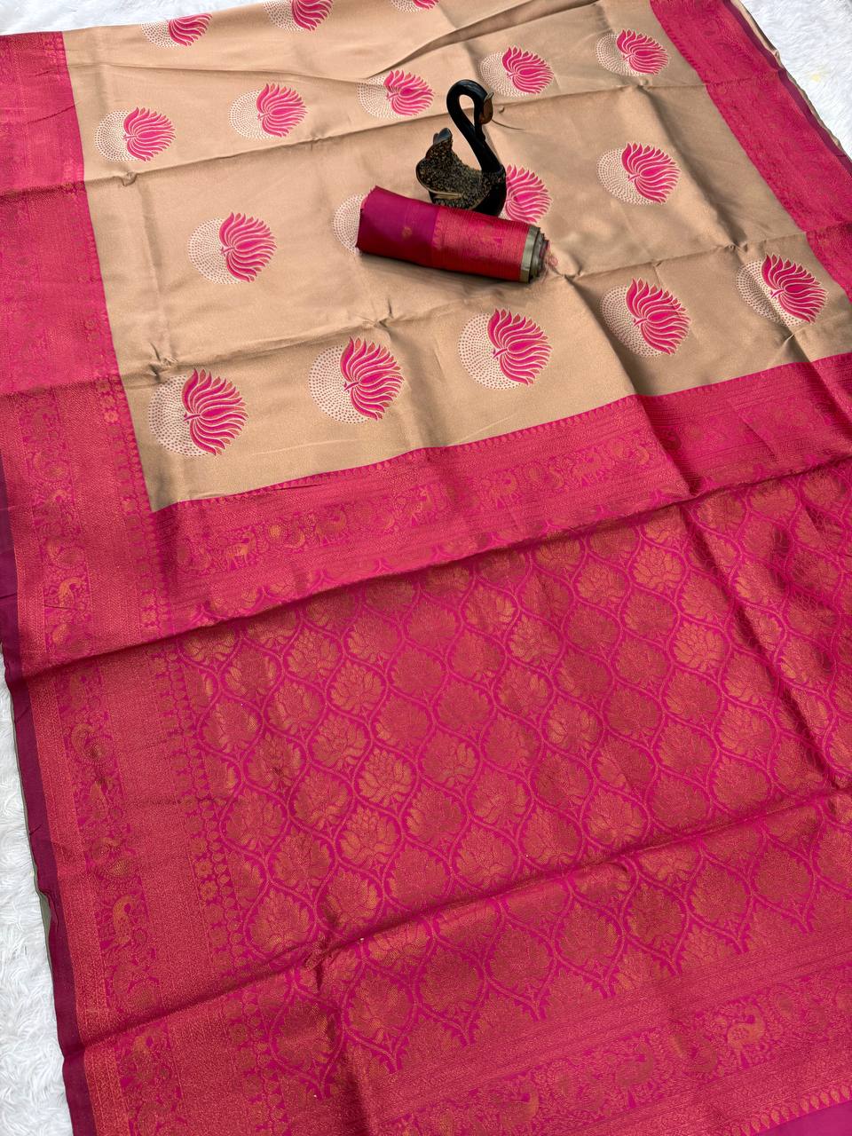 Elegant Banarasi Soft Silk Saree with Peacock & Floral Weaving Border pink