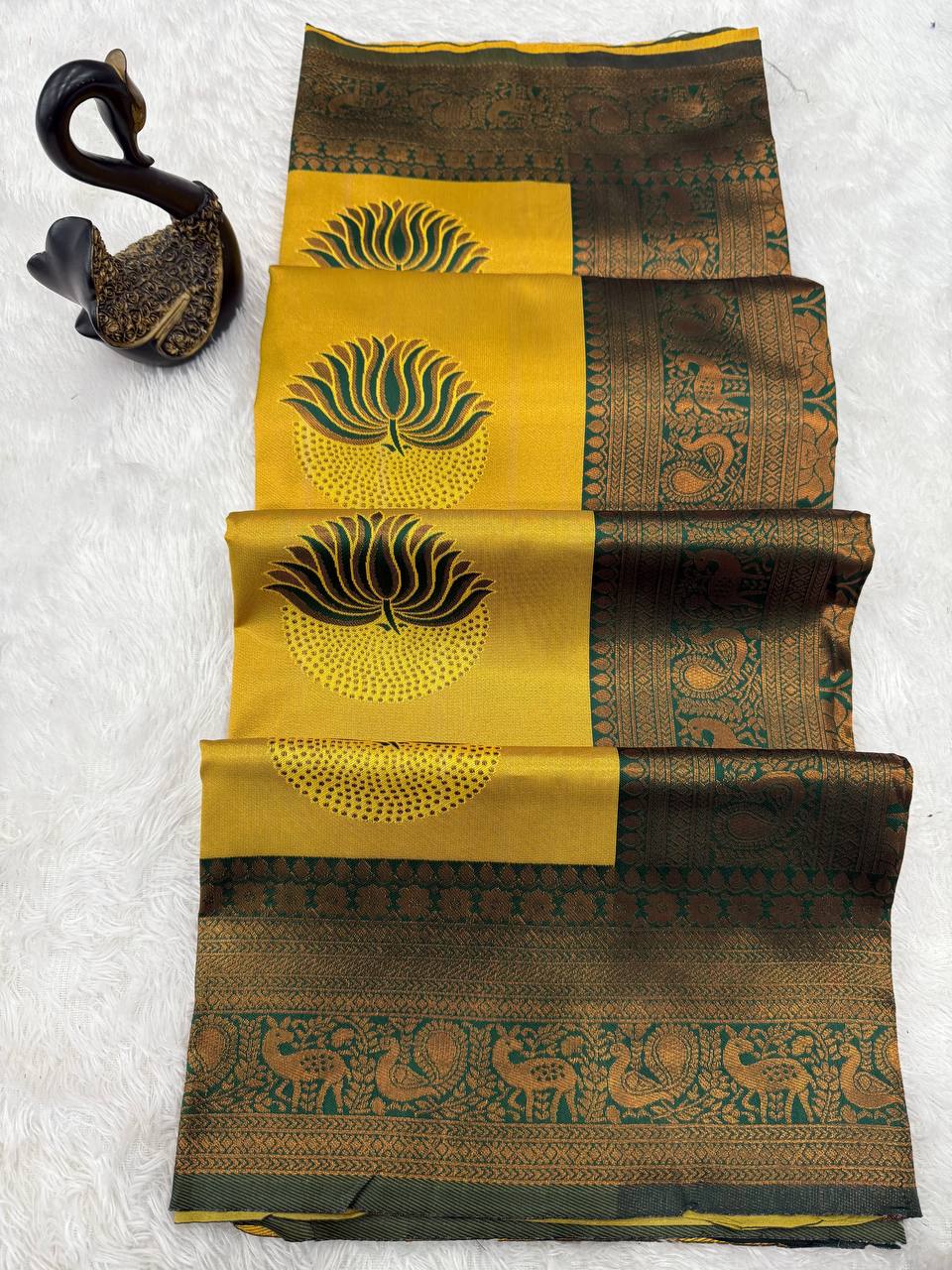 Elegant Banarasi Soft Silk Saree with Peacock & Floral Weaving Border yellow