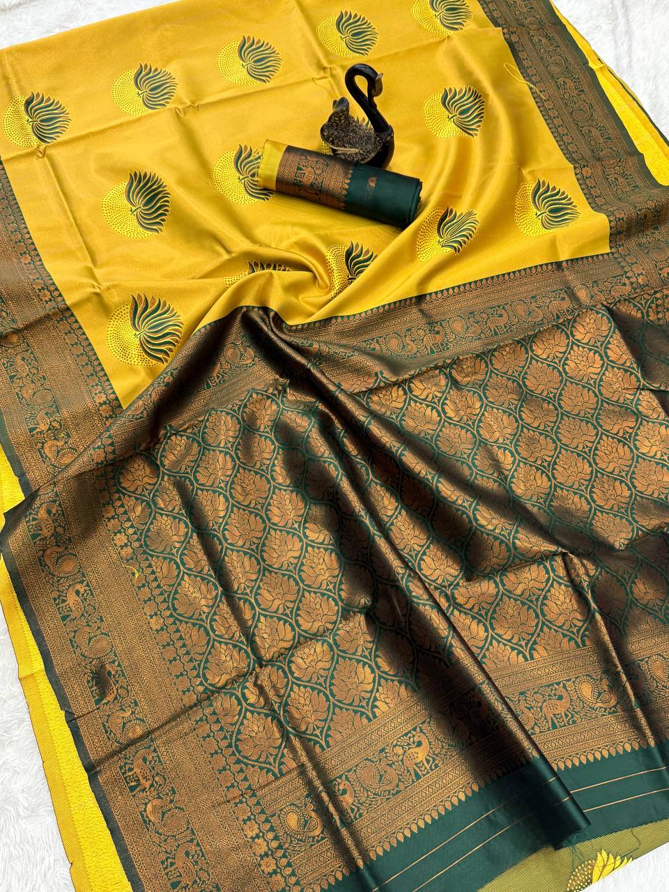 Elegant Banarasi Soft Silk Saree with Peacock & Floral Weaving Border yellow