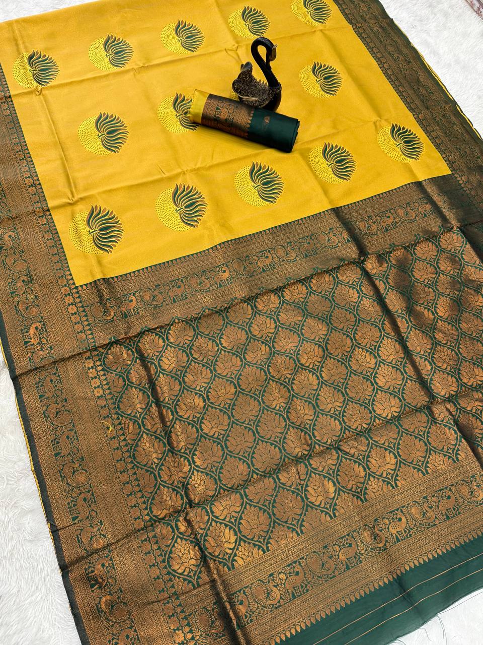 Elegant Banarasi Soft Silk Saree with Peacock & Floral Weaving Border yellow