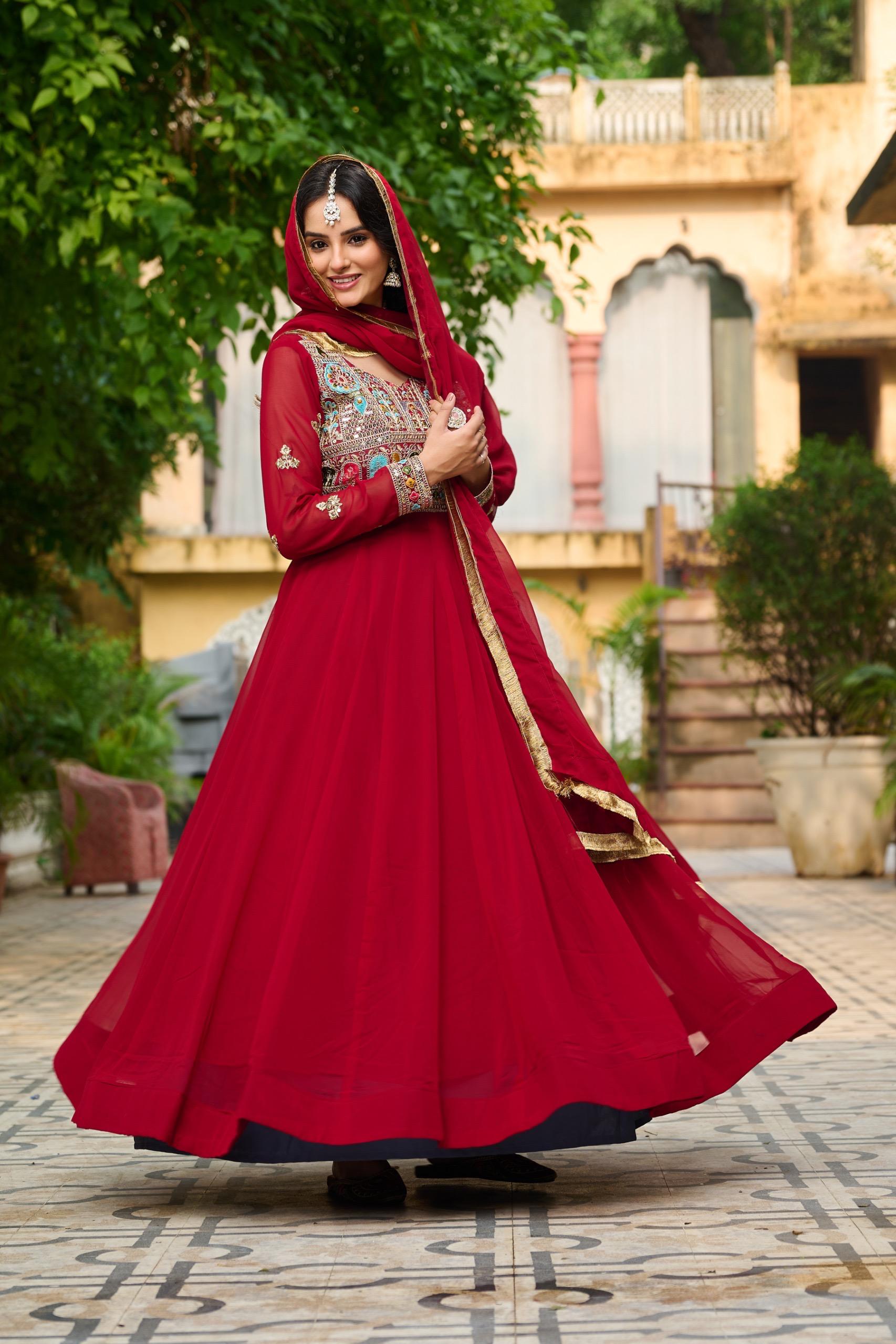 Embroidered Faux-Blooming Gown with Sequins & Zari Lace Dupatta - Maroon