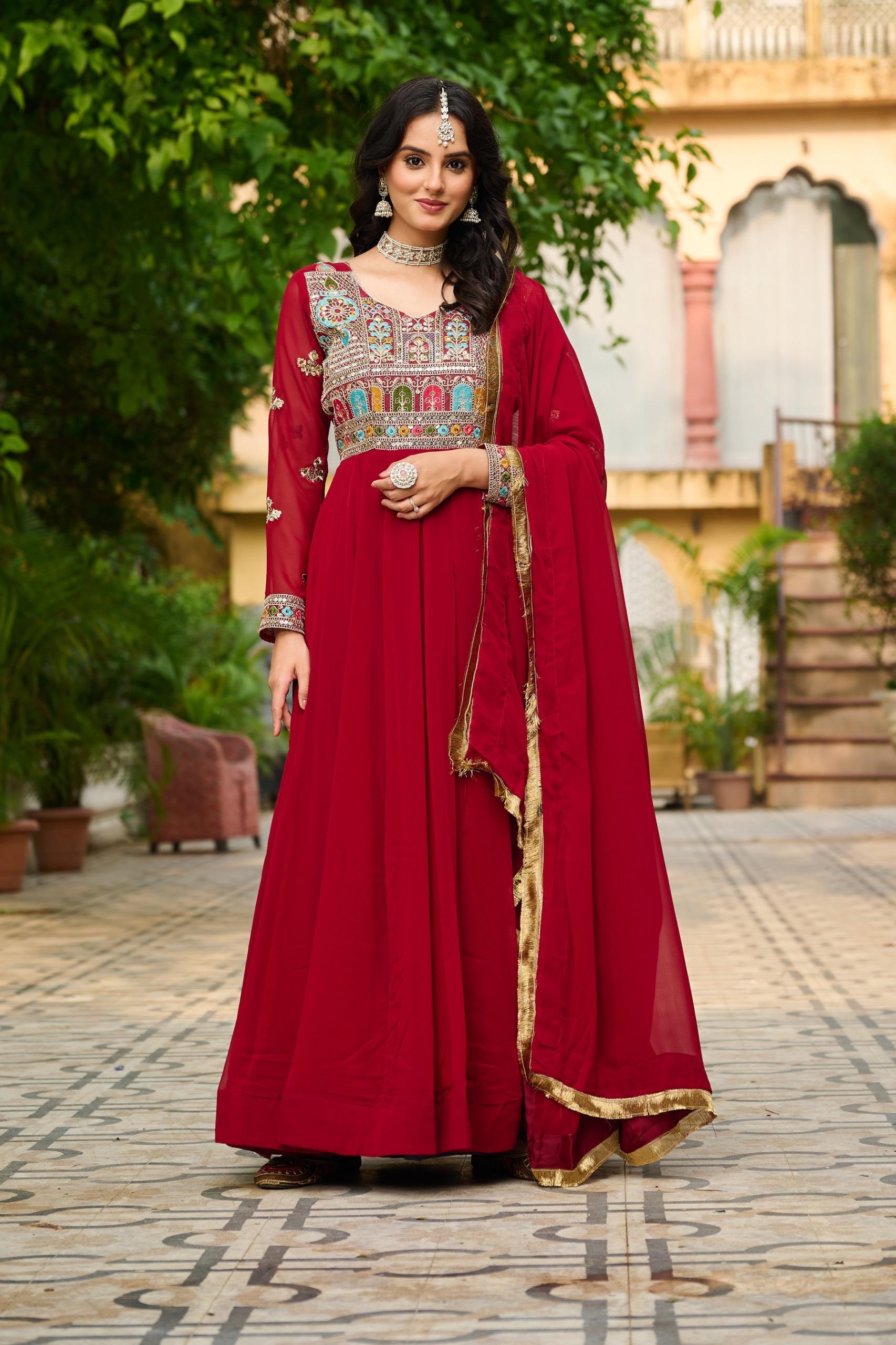 Embroidered Faux-Blooming Gown with Sequins & Zari Lace Dupatta - Maroon