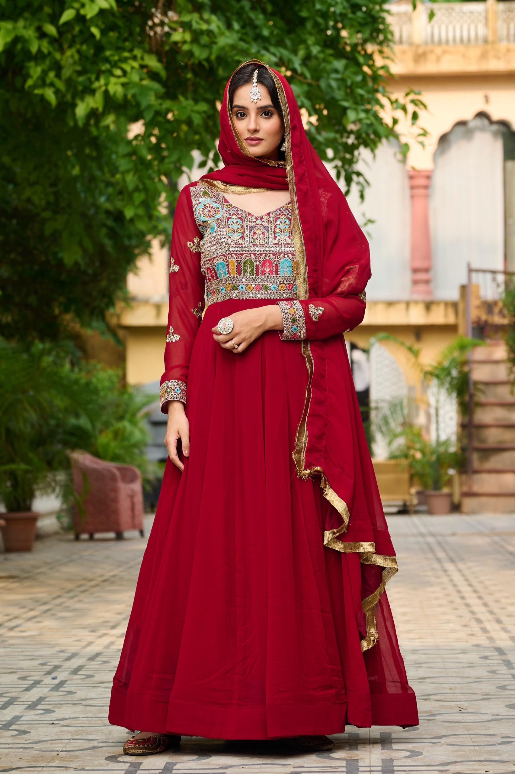 Embroidered Faux-Blooming Gown with Sequins & Zari Lace Dupatta - Maroon