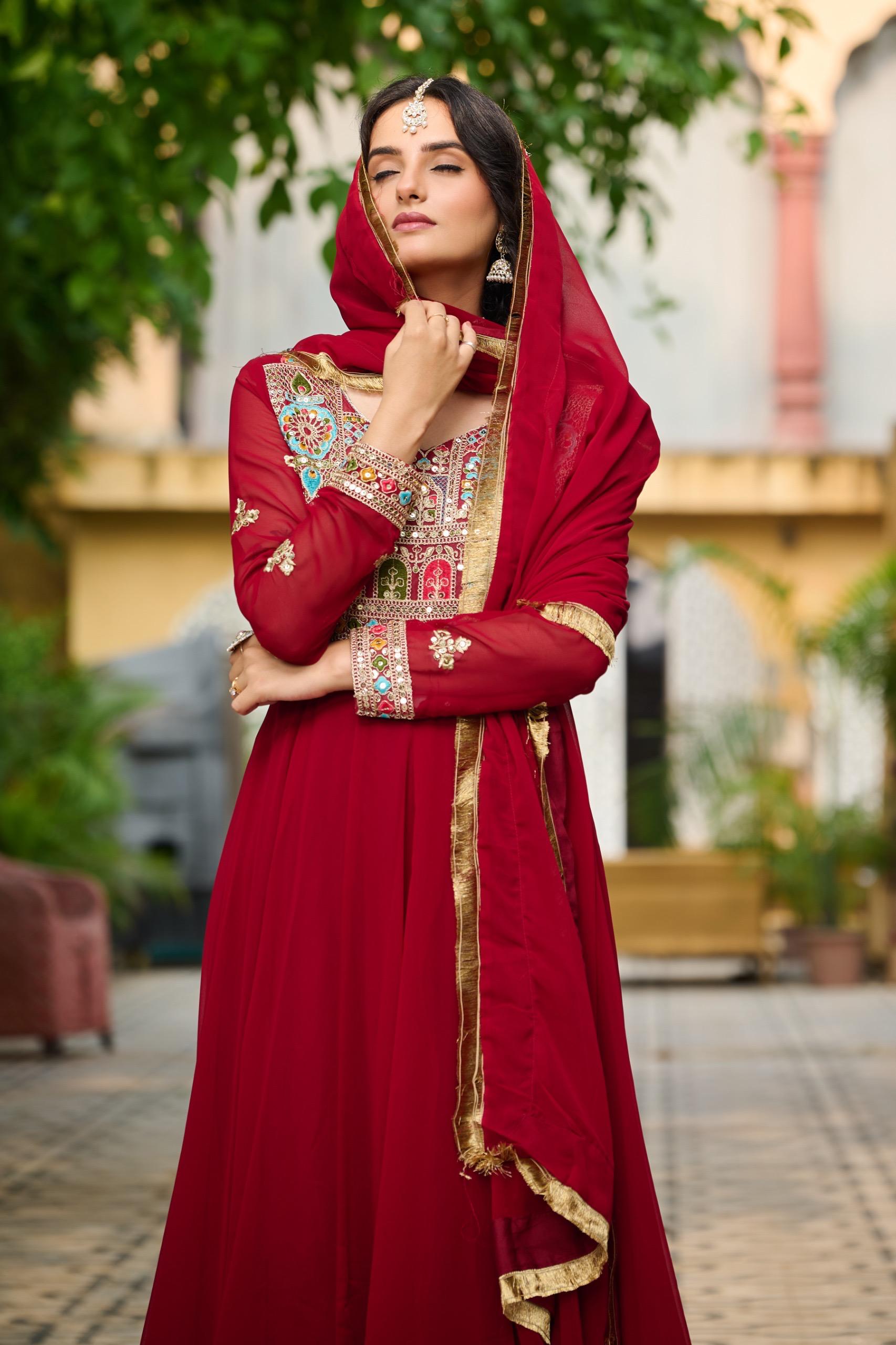 Embroidered Faux-Blooming Gown with Sequins & Zari Lace Dupatta - Maroon