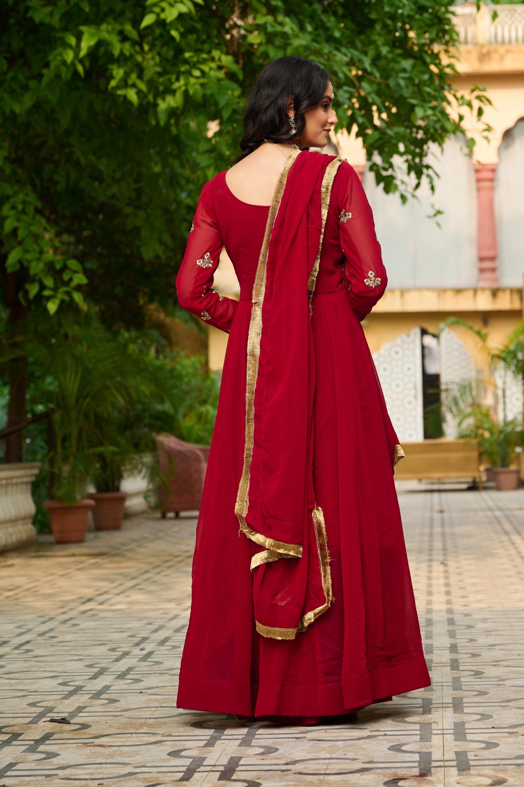 Embroidered Faux-Blooming Gown with Sequins & Zari Lace Dupatta - Maroon