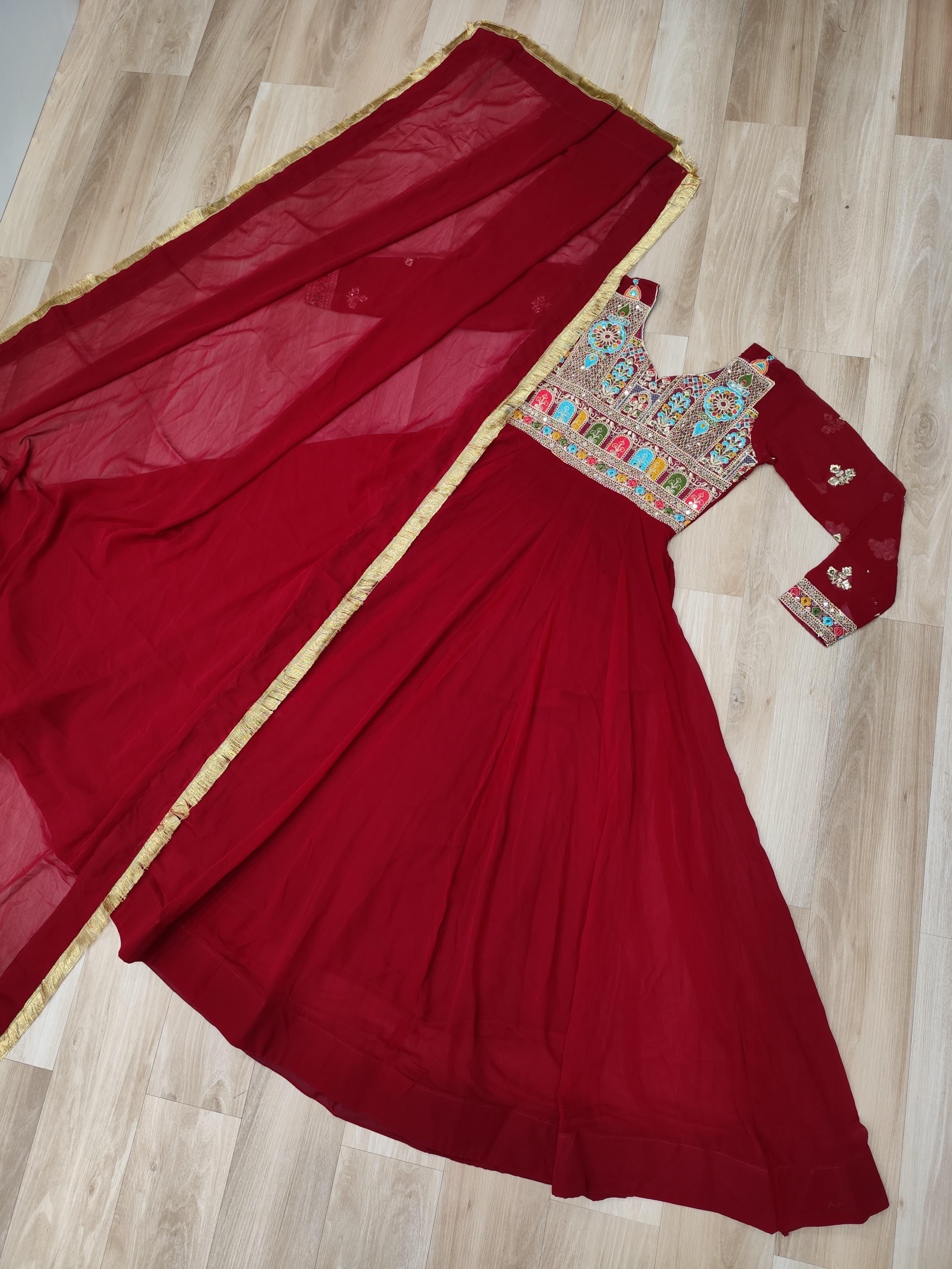 Embroidered Faux-Blooming Gown with Sequins & Zari Lace Dupatta - Maroon