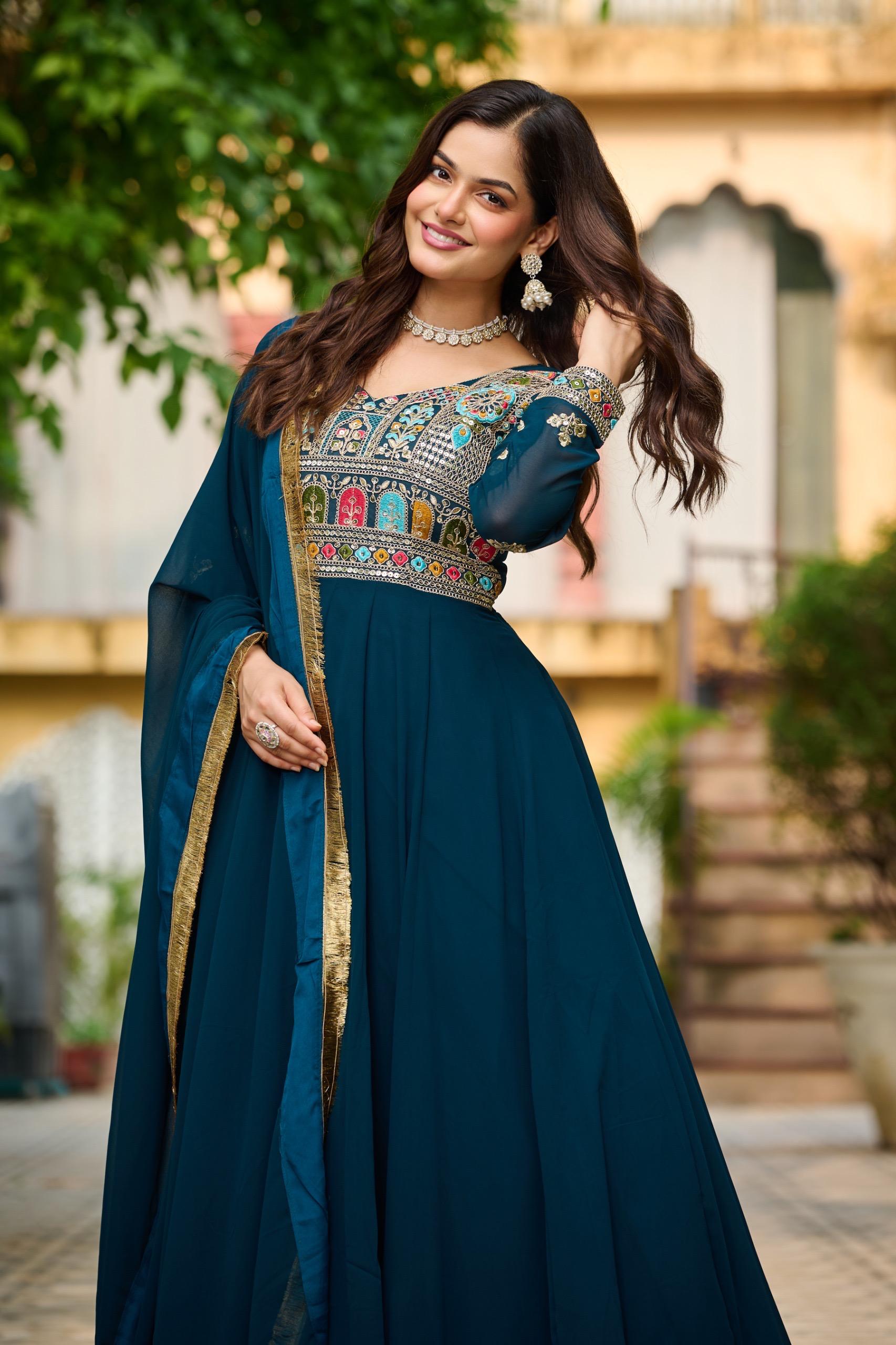 Embroidered Faux-Blooming Gown with Sequins & Zari Lace Dupatta - Rama