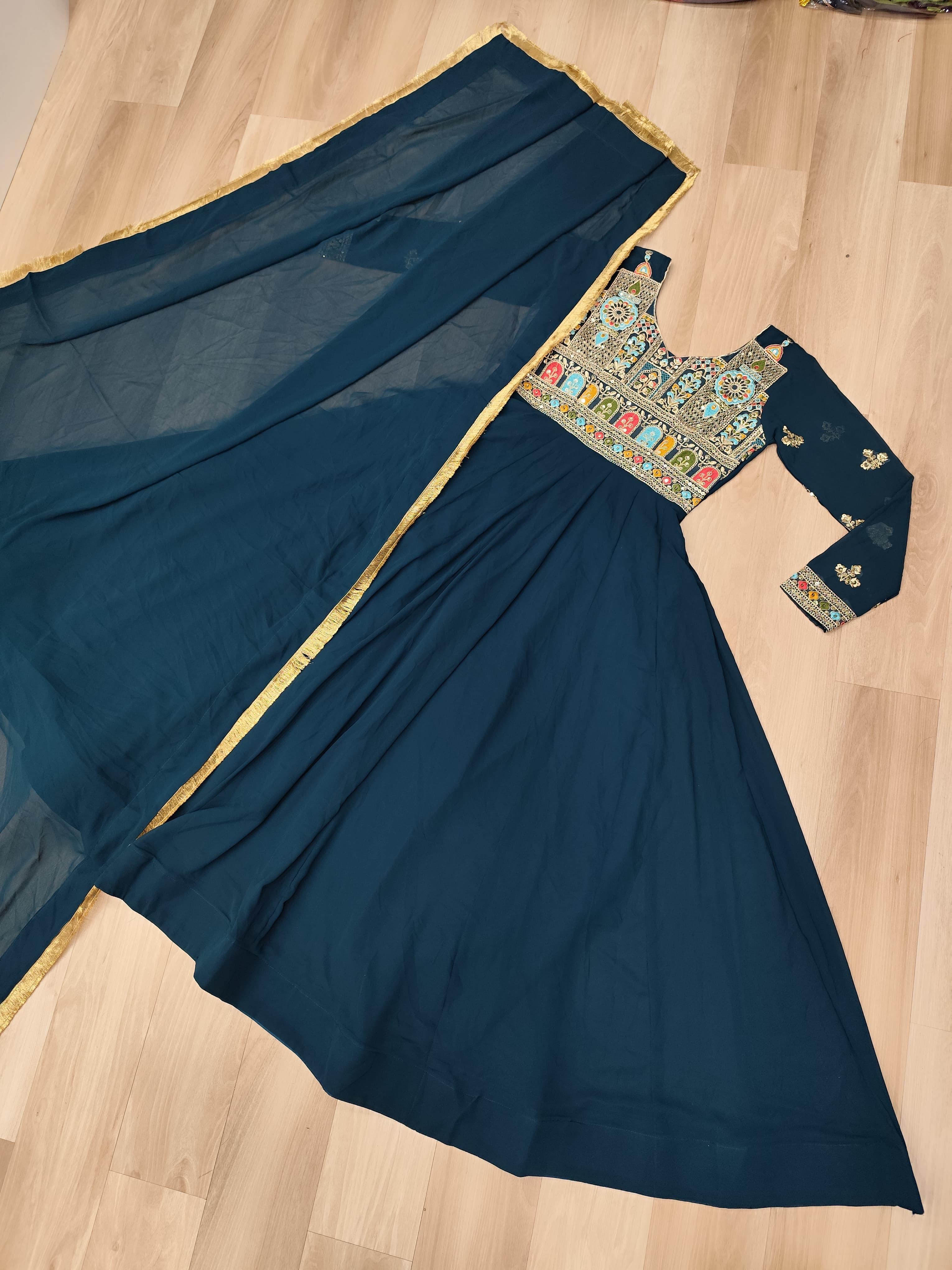 Embroidered Faux-Blooming Gown with Sequins & Zari Lace Dupatta - Rama