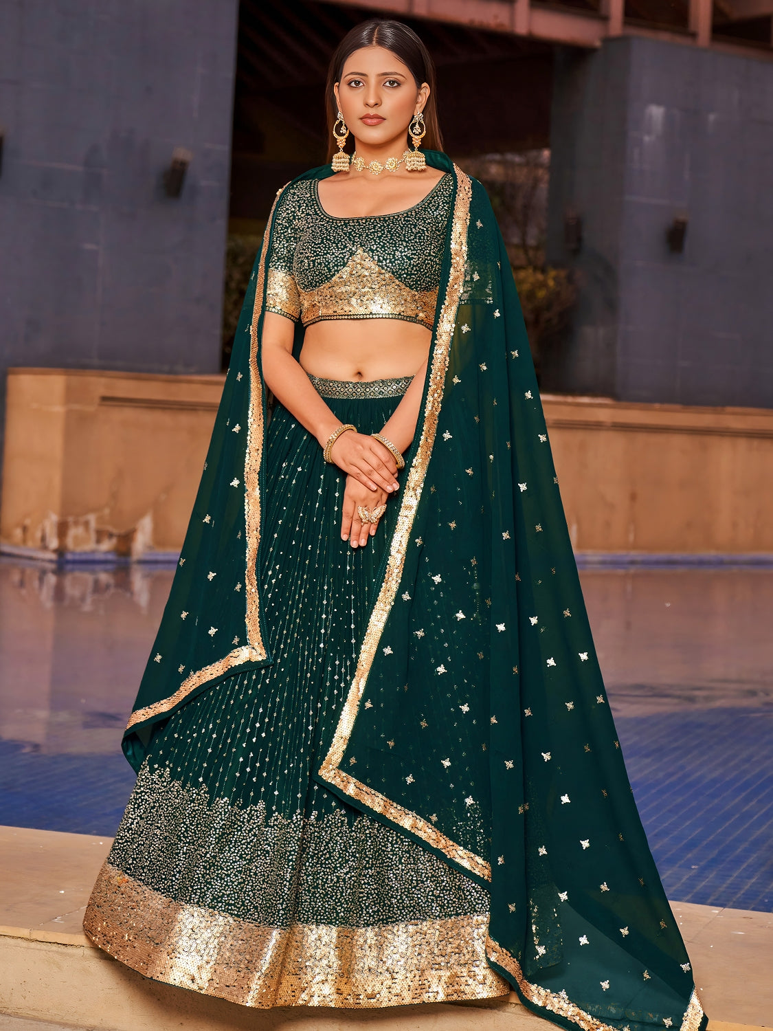 Emerald Green Georgette Lehenga Choli with Gold Sequin Work and Matching Dupatta