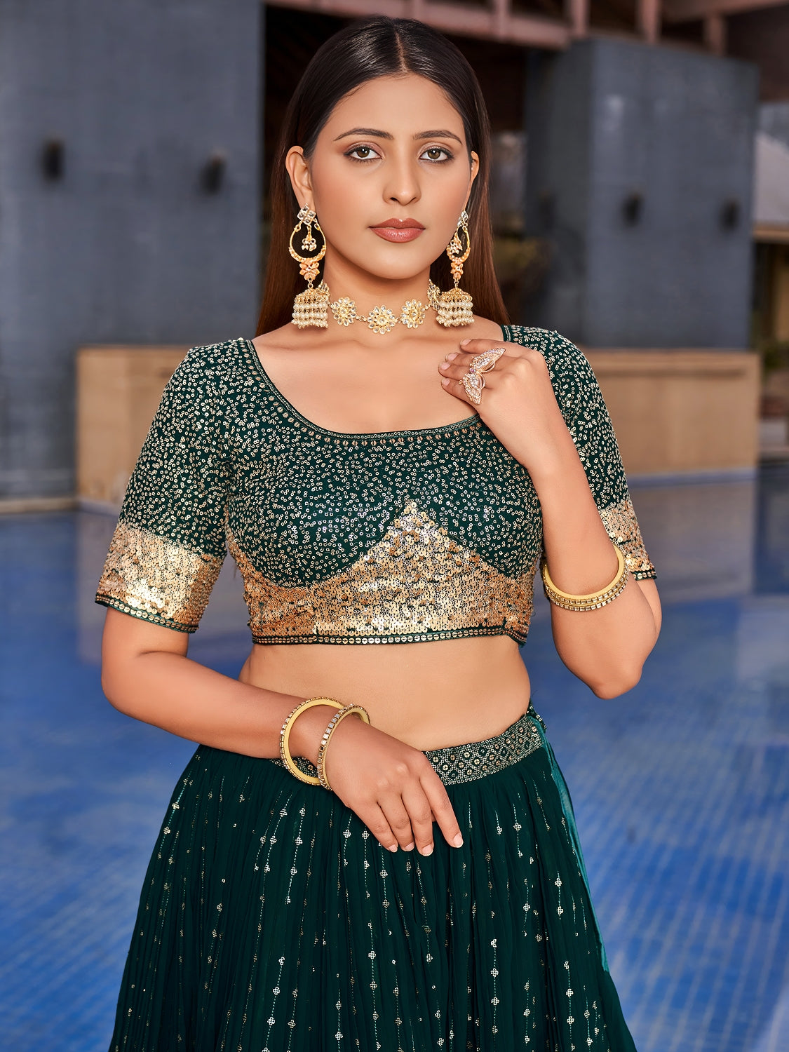 Emerald Green Georgette Lehenga Choli with Gold Sequin Work and Matching Dupatta