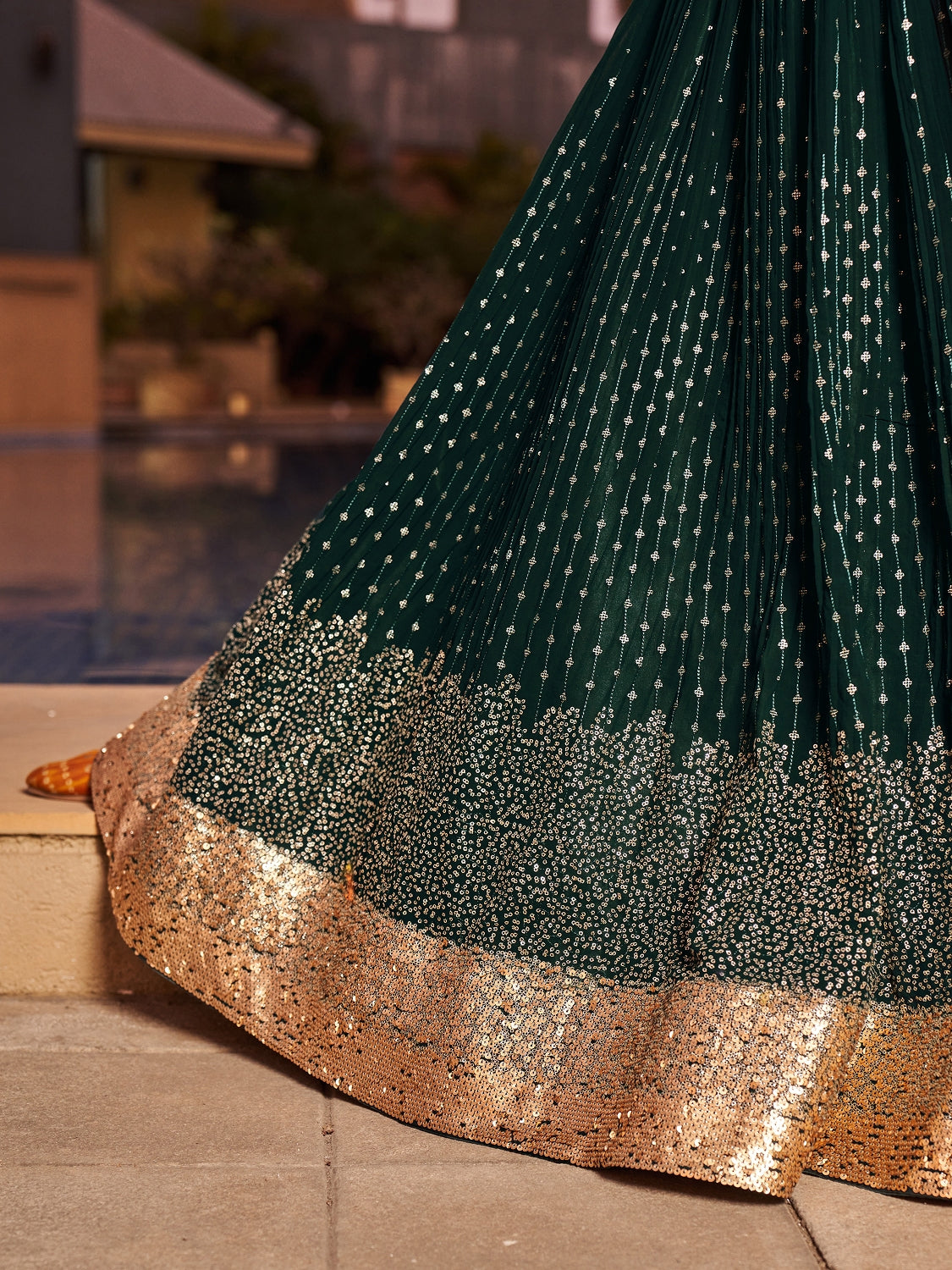 Emerald Green Georgette Lehenga Choli with Gold Sequin Work and Matching Dupatta