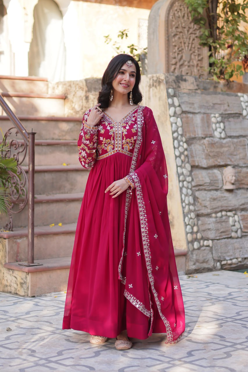 Festiwo Designer Maroon Embroidered Gown for Festival & Wedding Wear