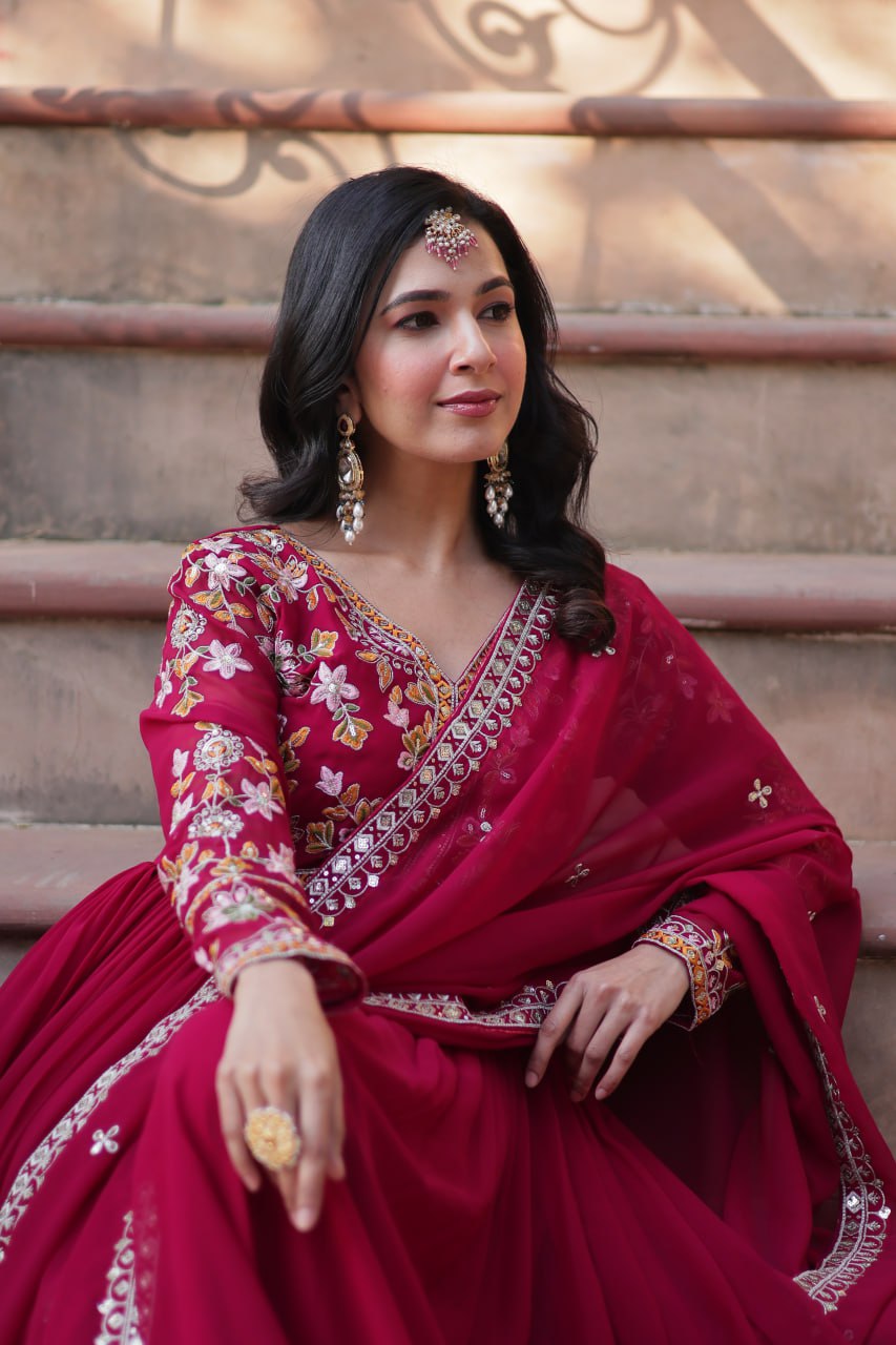 Festiwo Designer Maroon Embroidered Gown for Festival & Wedding Wear