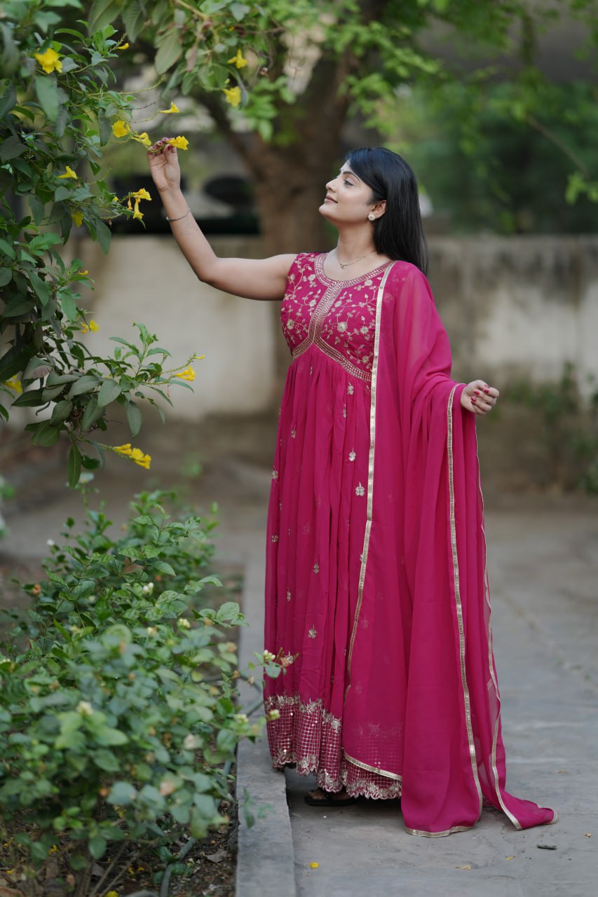 Festiwo Faux Georgette Embroidered Gown with Heavy Sequin Jaal Work and Dupatta pink