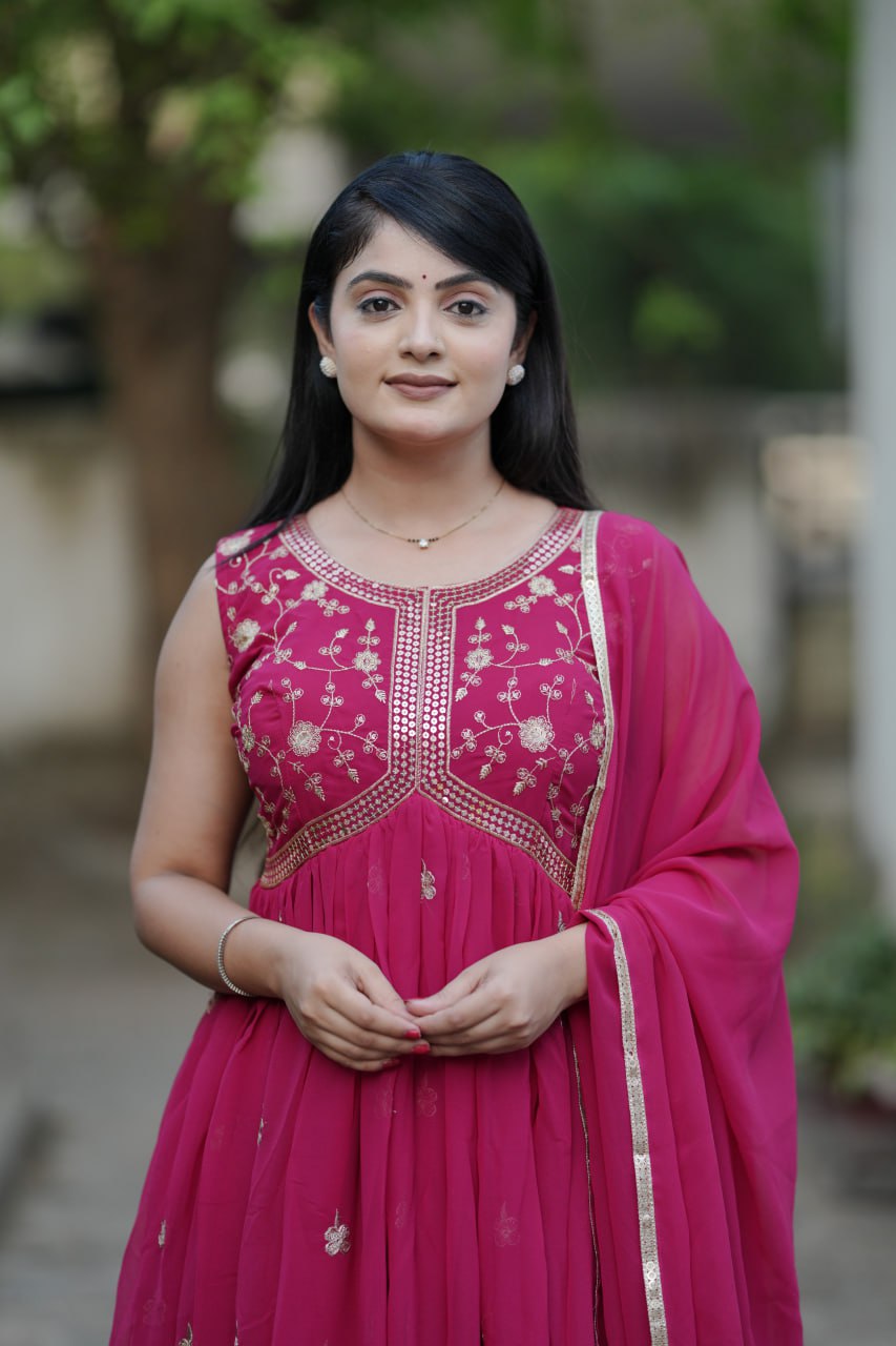 Festiwo Faux Georgette Embroidered Gown with Heavy Sequin Jaal Work and Dupatta pink