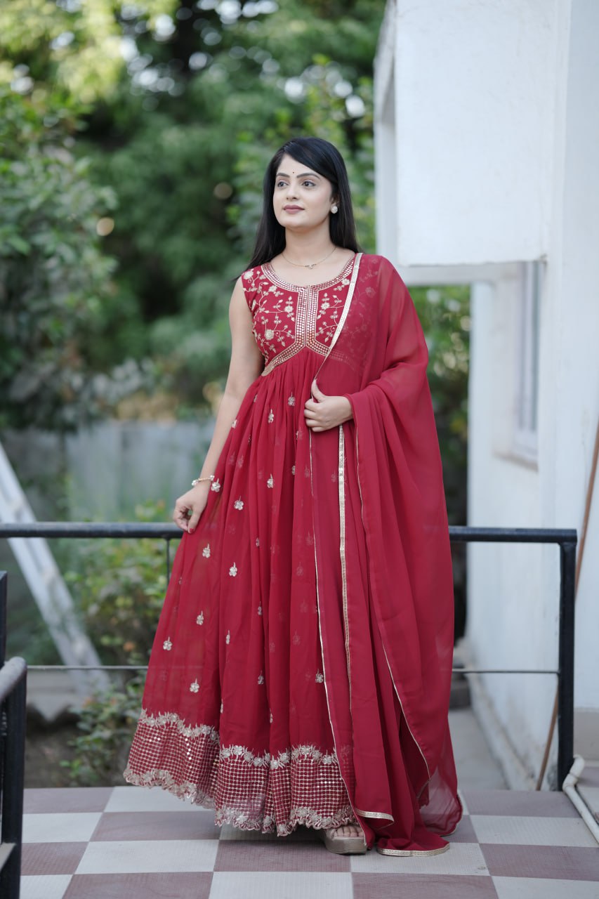Festiwo Faux Georgette Embroidered Gown with Heavy Sequin Jaal Work and Dupatta Dark Red