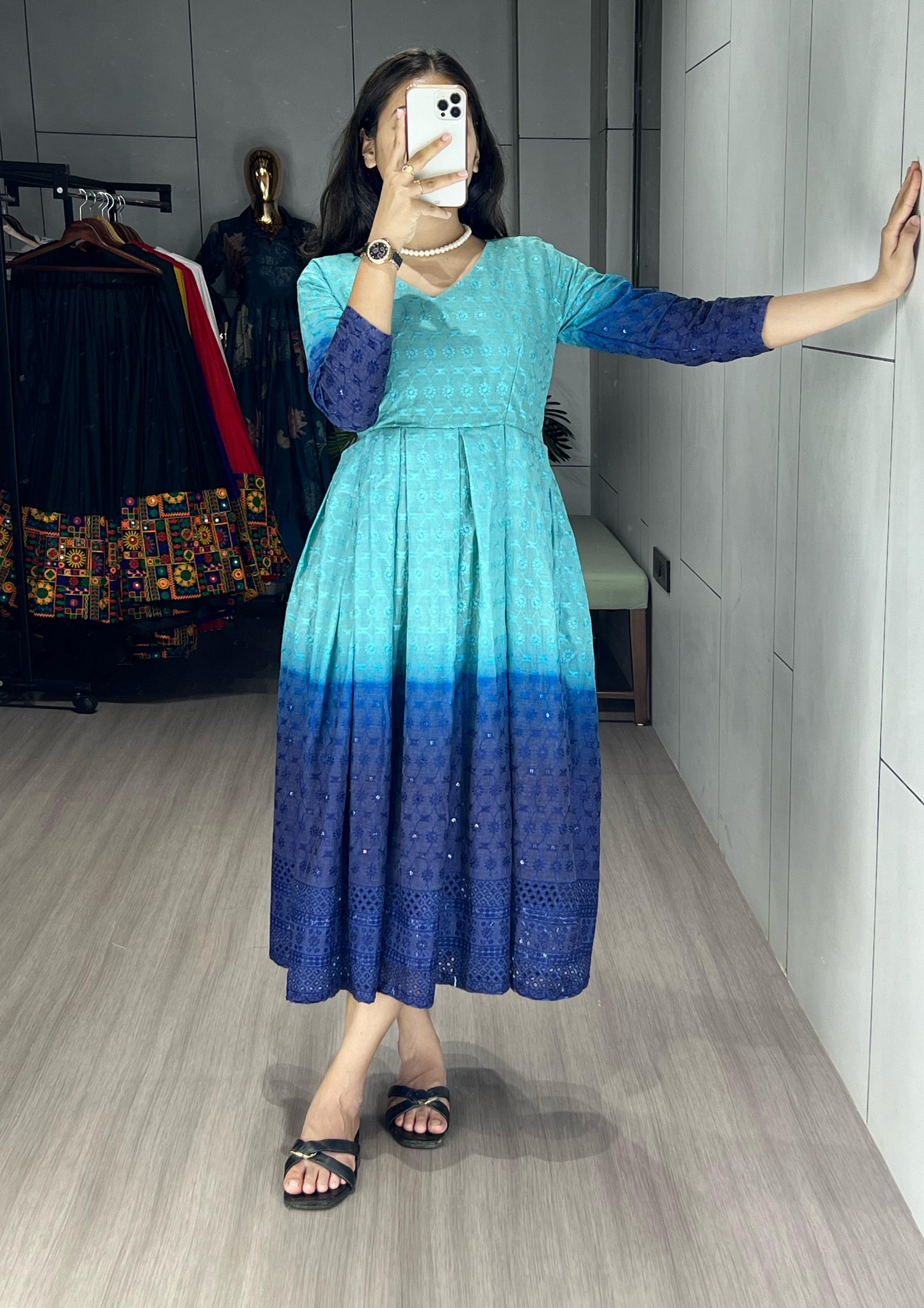 Festiwo Sky Blue Chikankari Flared Round Kurti Cum One-Piece