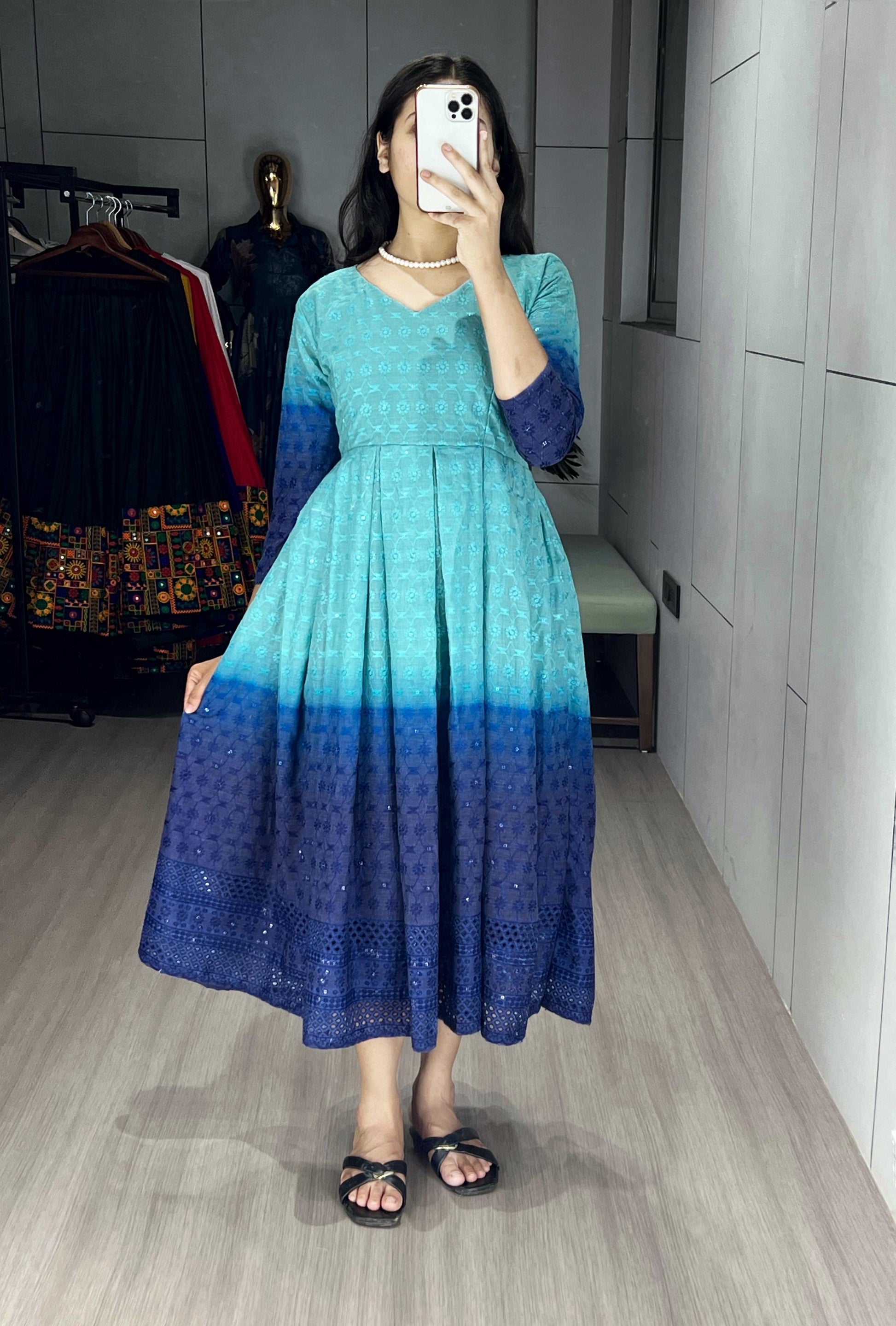 Festiwo Sky Blue Chikankari Flared Round Kurti Cum One-Piece
