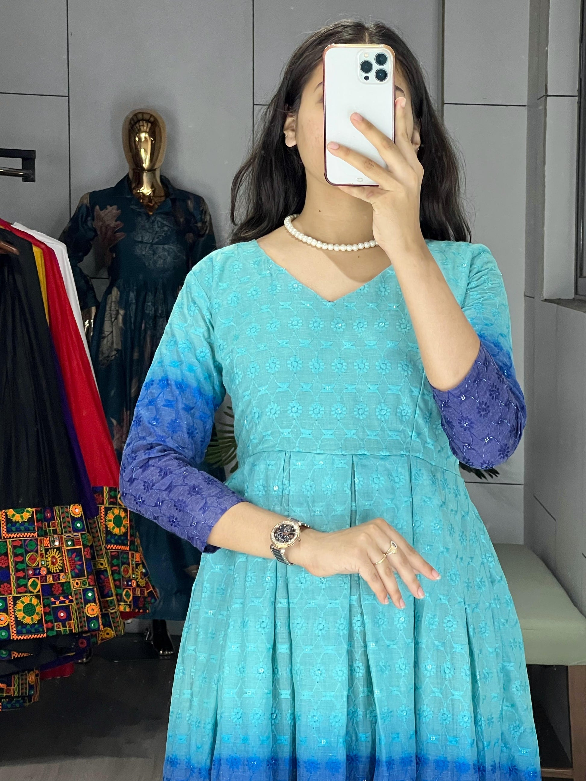 Festiwo Sky Blue Chikankari Flared Round Kurti Cum One-Piece