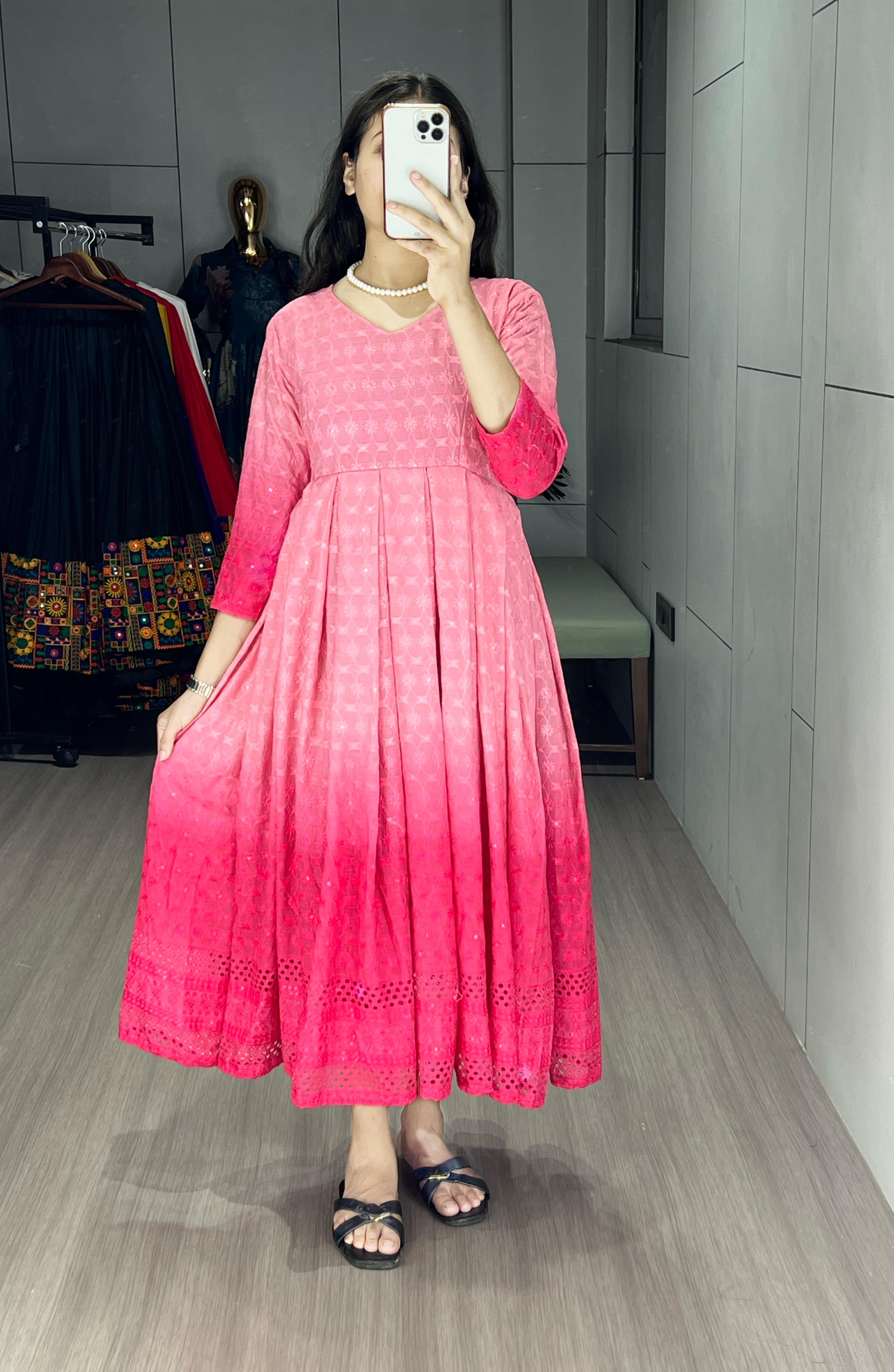 Festiwo pink Chikankari Flared Round Kurti Cum One-Piece