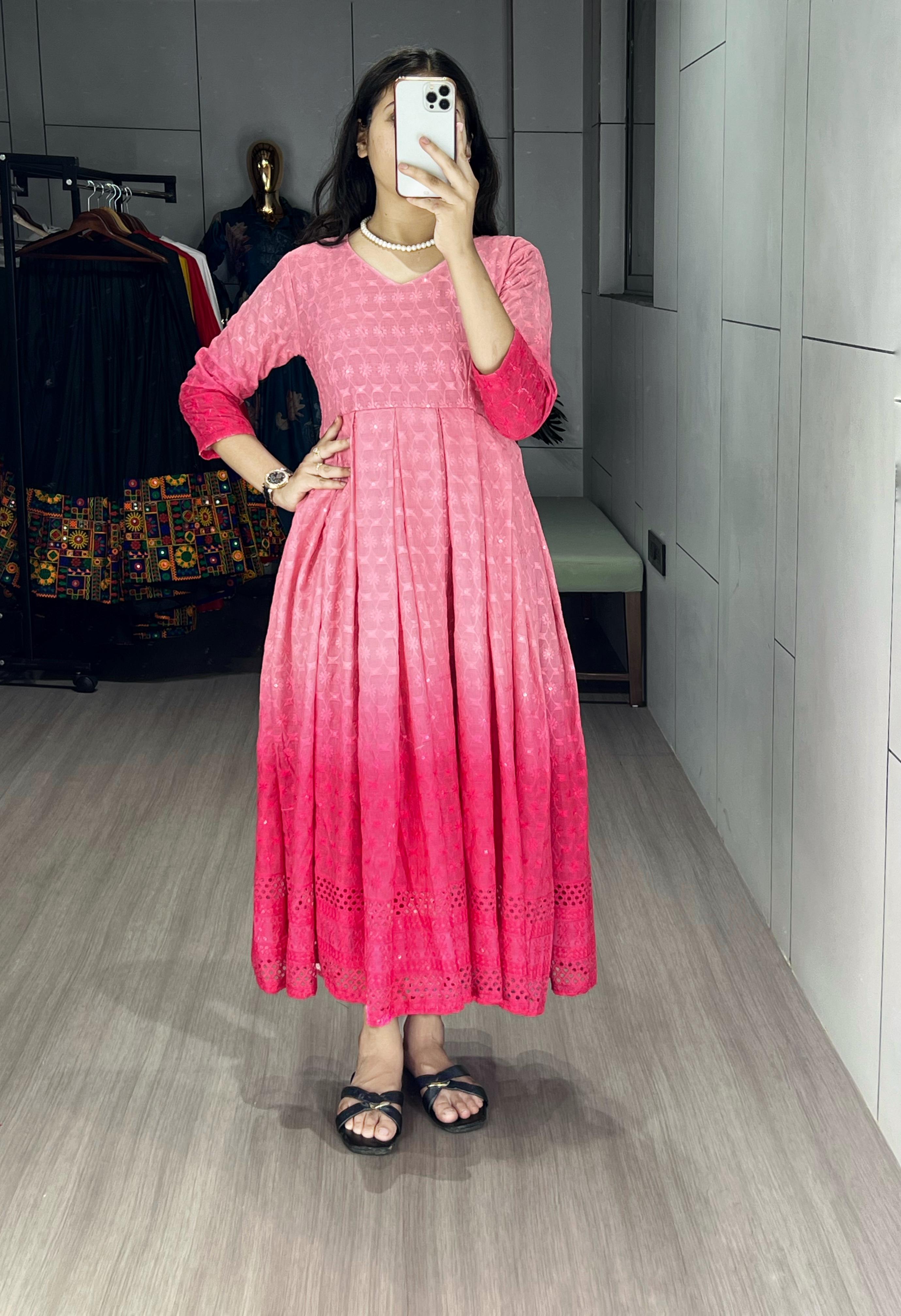 Festiwo pink Chikankari Flared Round Kurti Cum One-Piece
