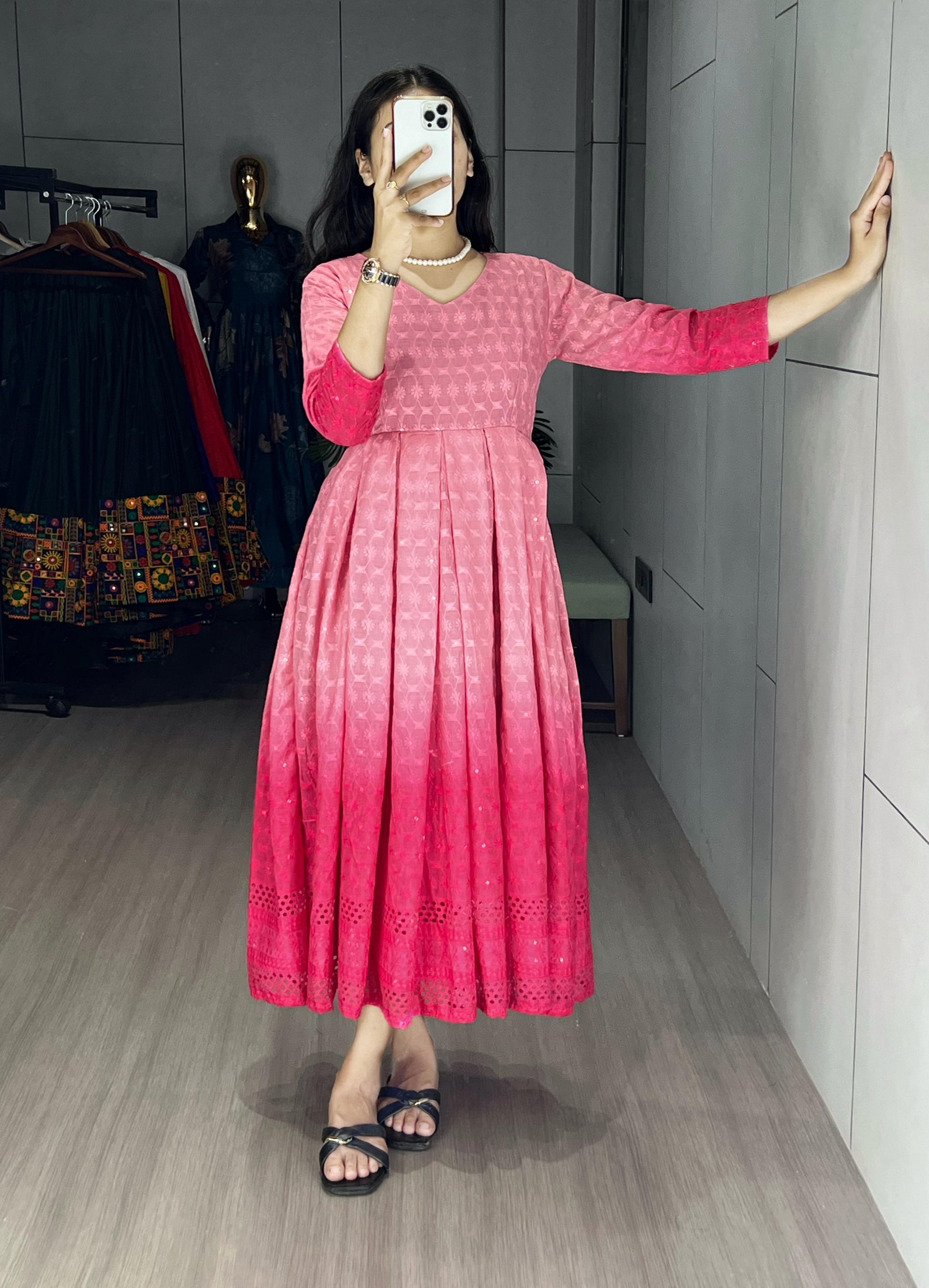 Festiwo pink Chikankari Flared Round Kurti Cum One-Piece