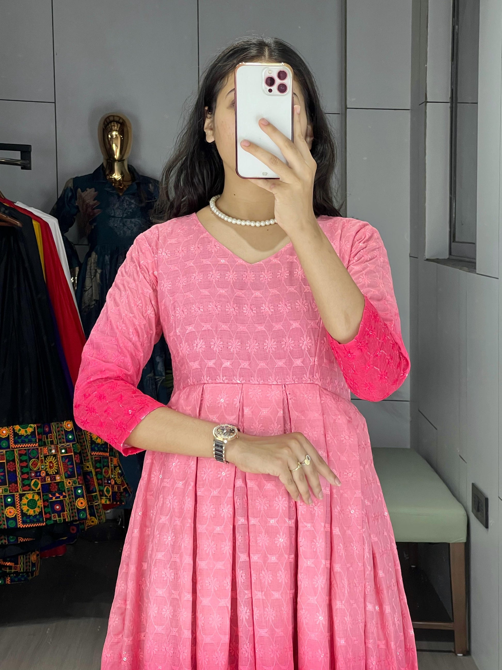 Festiwo pink Chikankari Flared Round Kurti Cum One-Piece