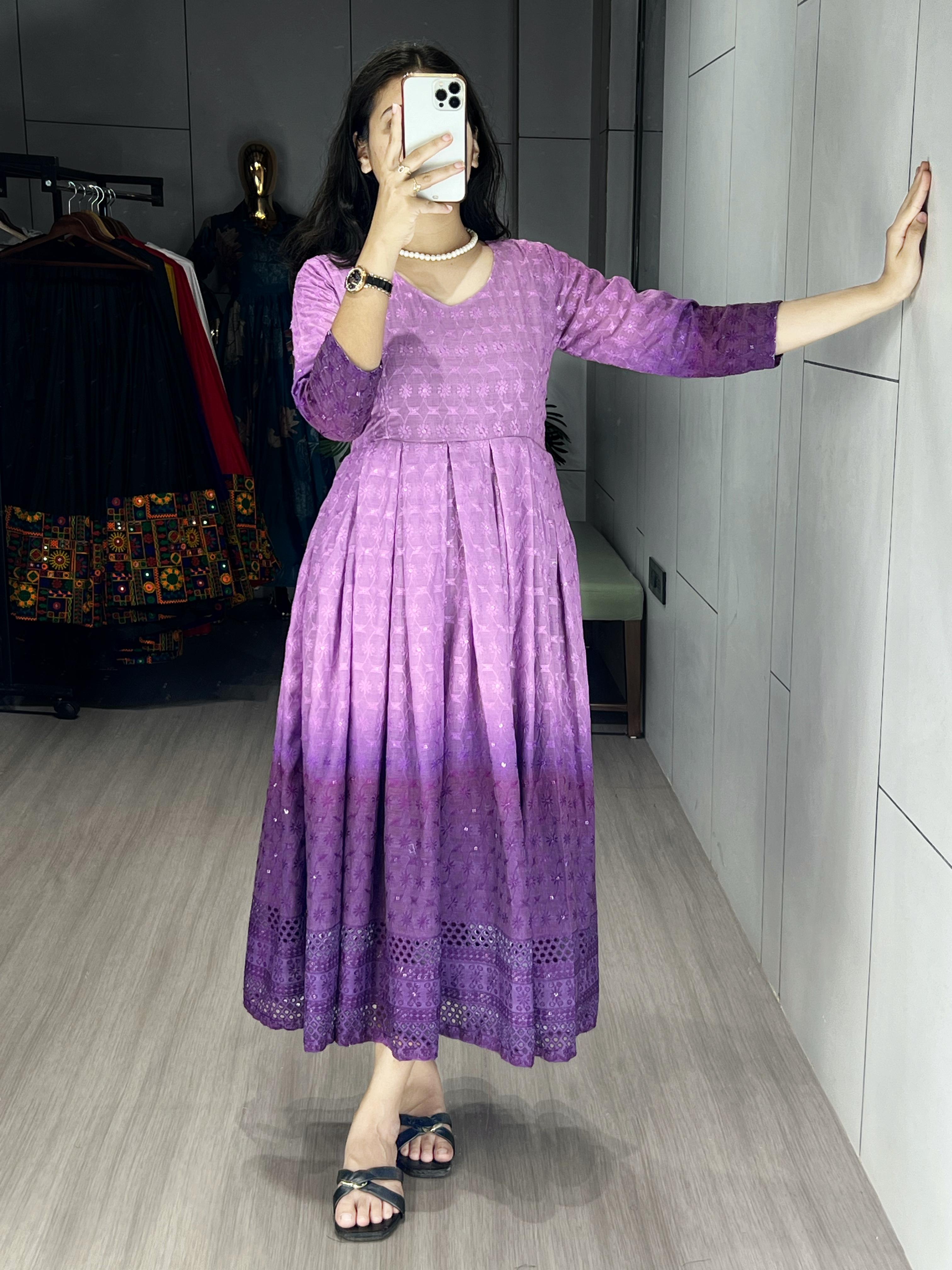 Festiwo purple Chikankari Flared Round Kurti Cum One-Piece