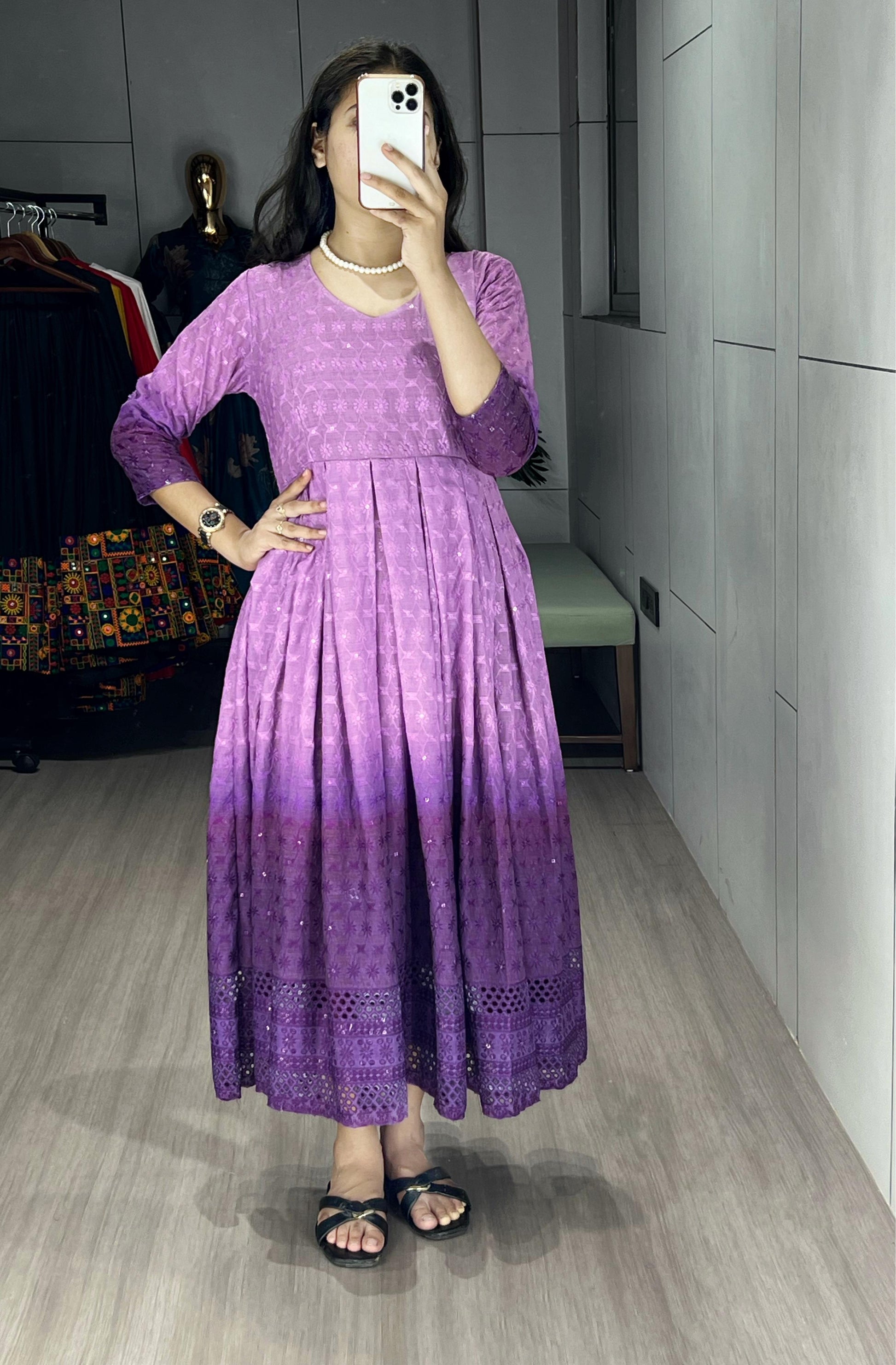 Festiwo purple Chikankari Flared Round Kurti Cum One-Piece