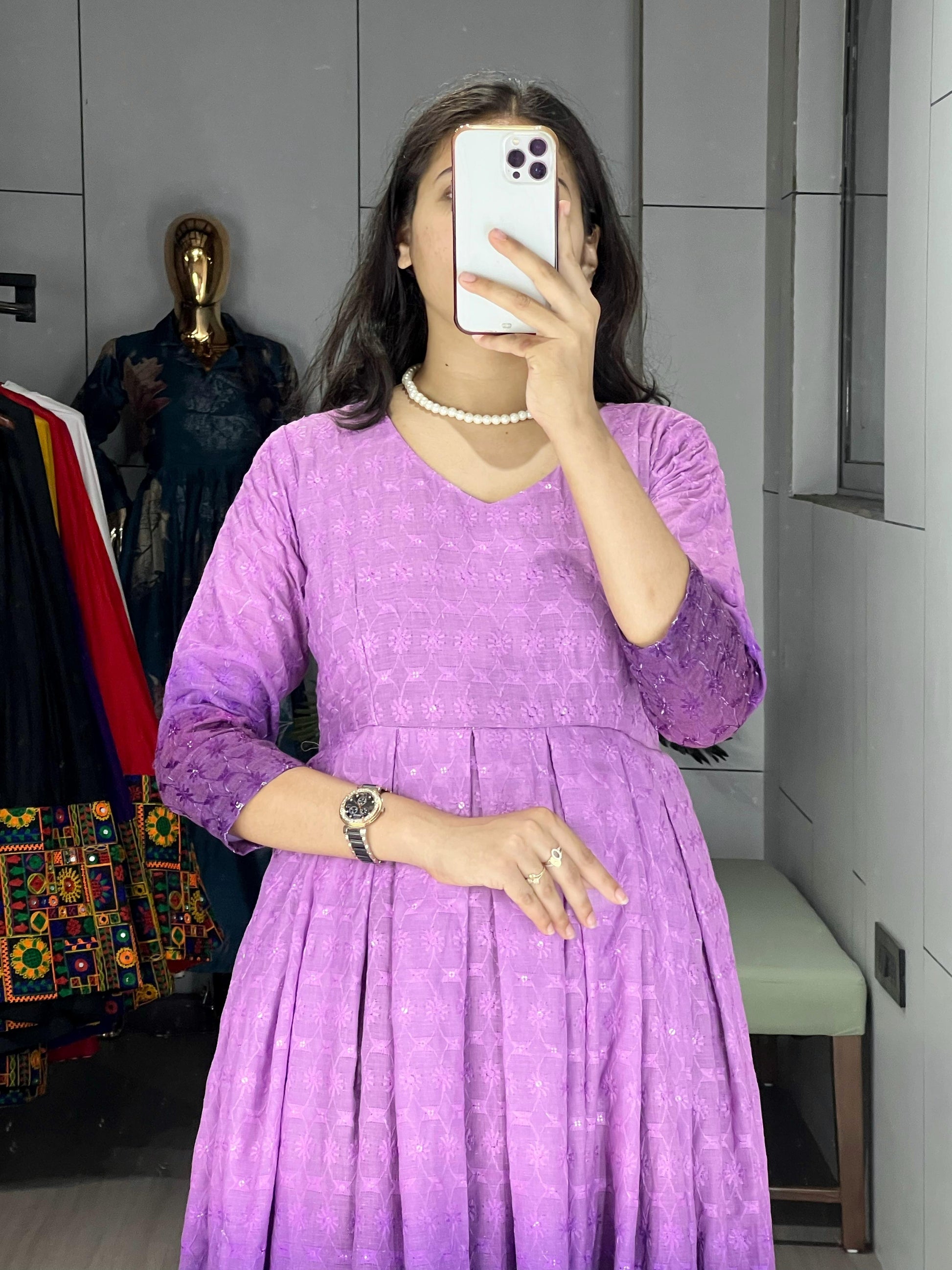 Festiwo purple Chikankari Flared Round Kurti Cum One-Piece