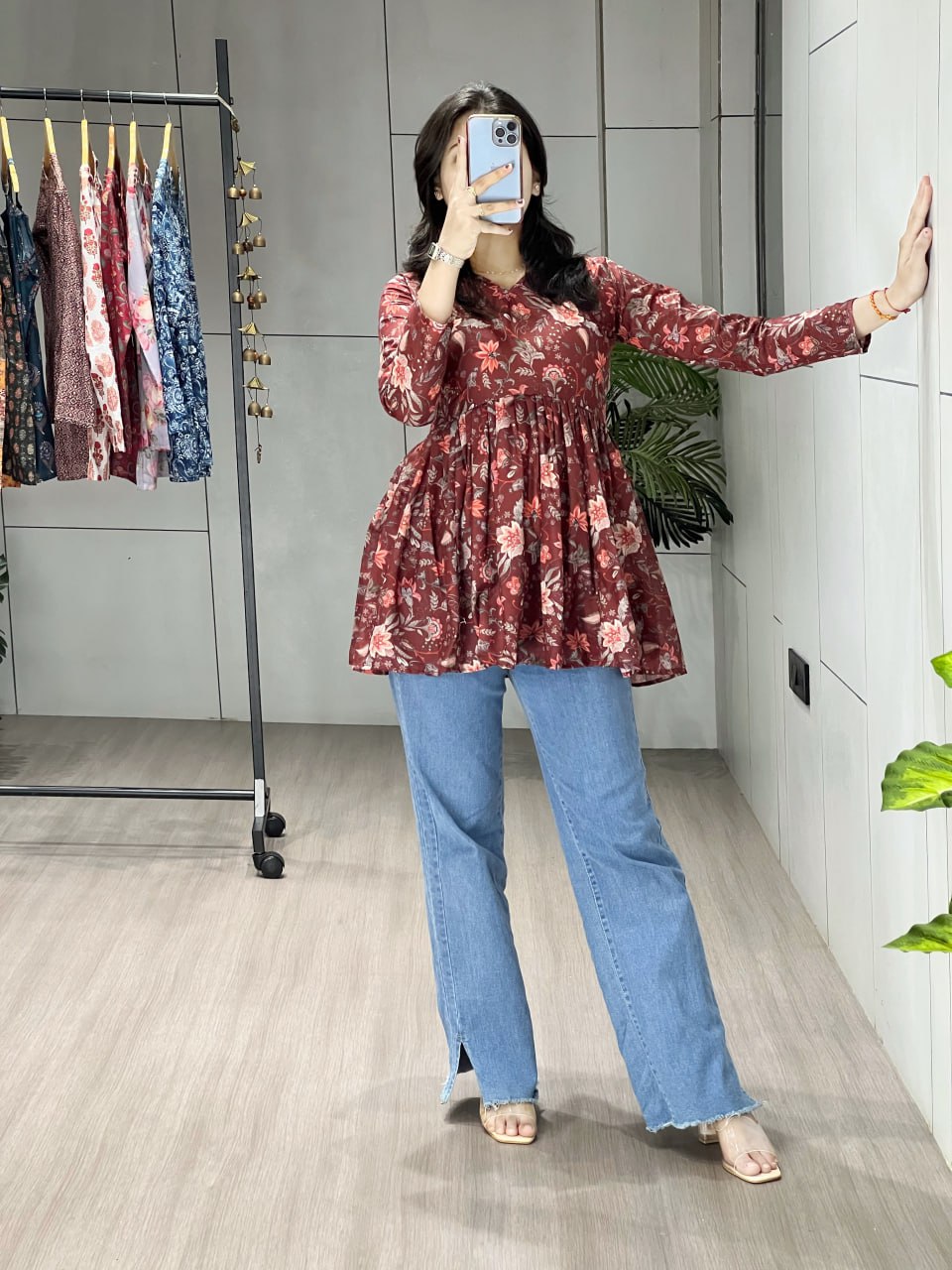 Floral Printed Cambric Cotton Short Kurti for Office & Casual Wear Maroon