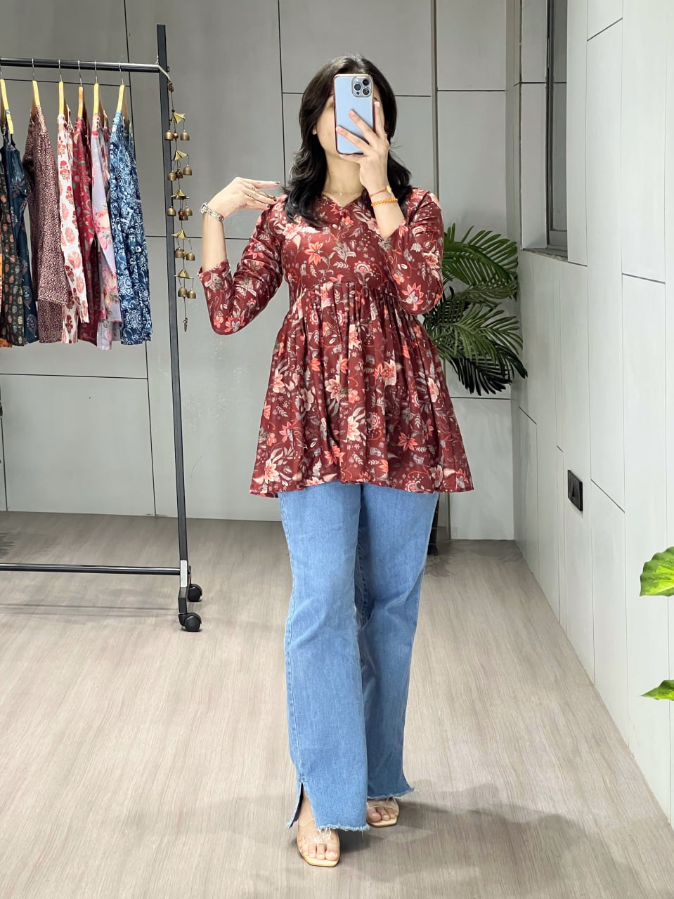 Floral Printed Cambric Cotton Short Kurti for Office & Casual Wear Maroon