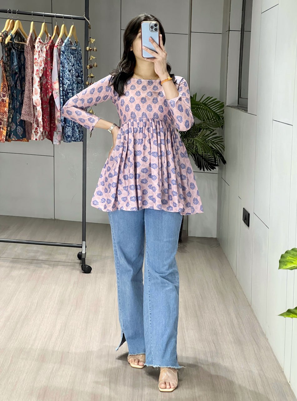 Floral Printed Cambric Cotton Short Kurti for Office & Casual Wear Pink