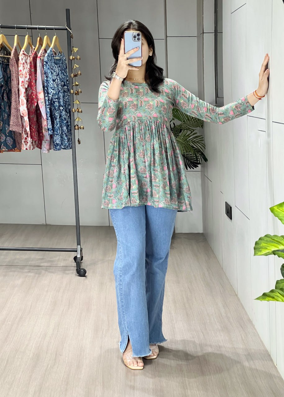 Floral Printed Cambric Cotton Short Kurti for Office & Casual Wear Pista