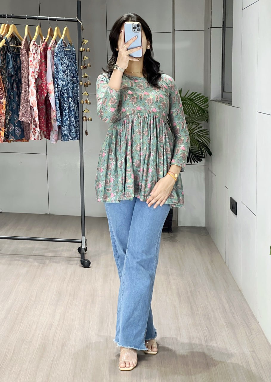 Floral Printed Cambric Cotton Short Kurti for Office & Casual Wear Pista