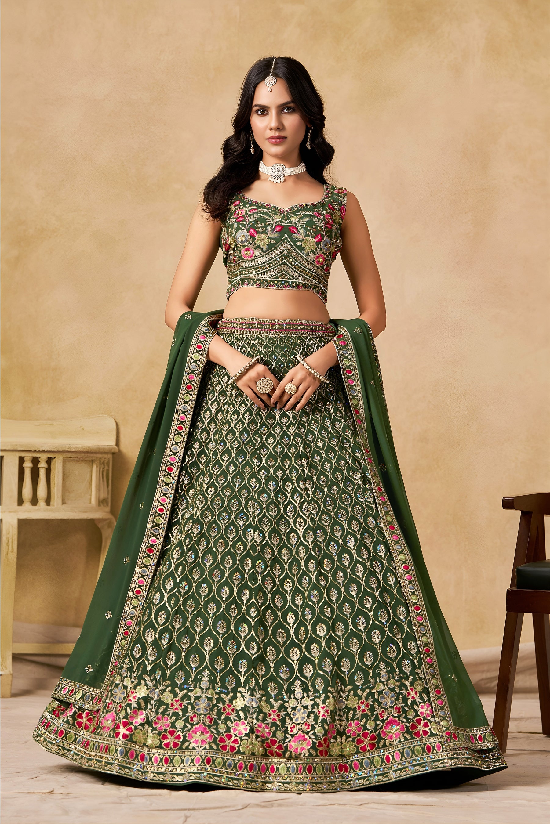 Georgette Zari-Weaving Lehenga Set with Heavy Embroidered Blouse & Dupatta Green