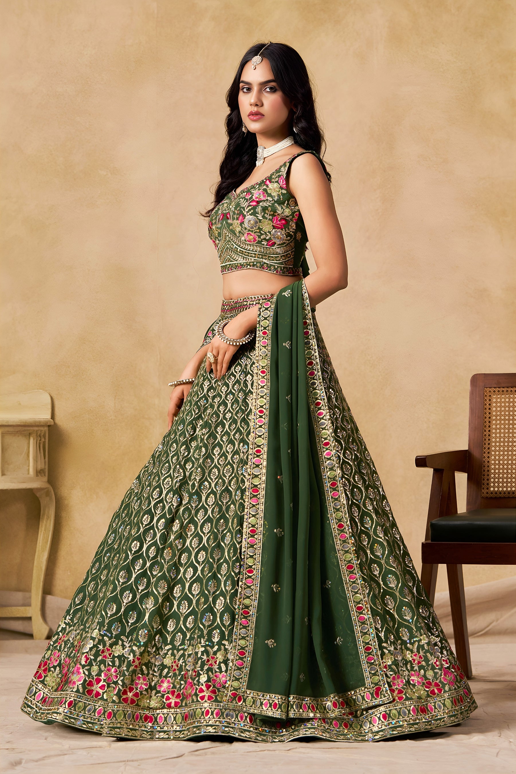 Georgette Zari-Weaving Lehenga Set with Heavy Embroidered Blouse & Dupatta Green