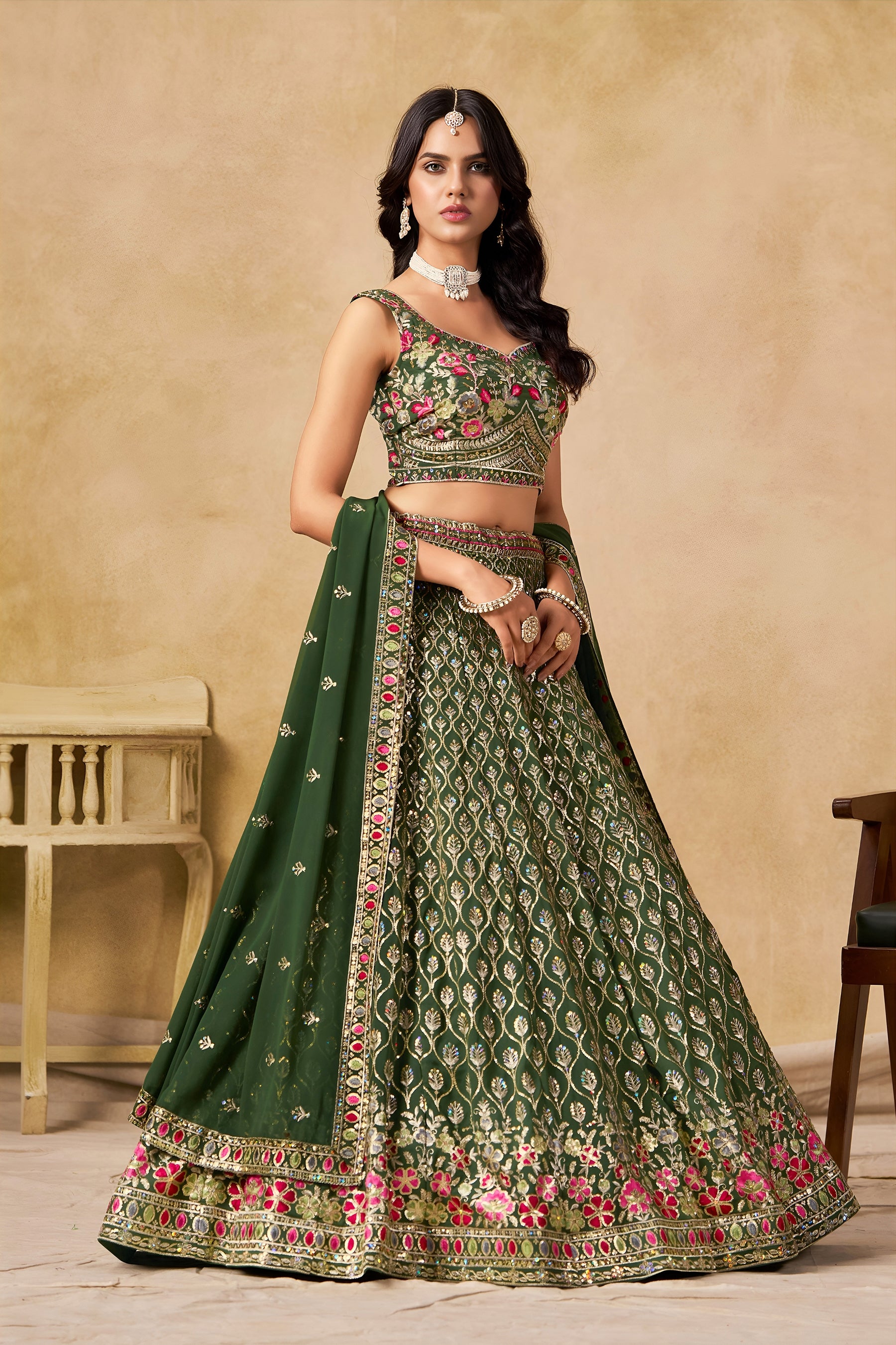 Georgette Zari-Weaving Lehenga Set with Heavy Embroidered Blouse & Dupatta Green