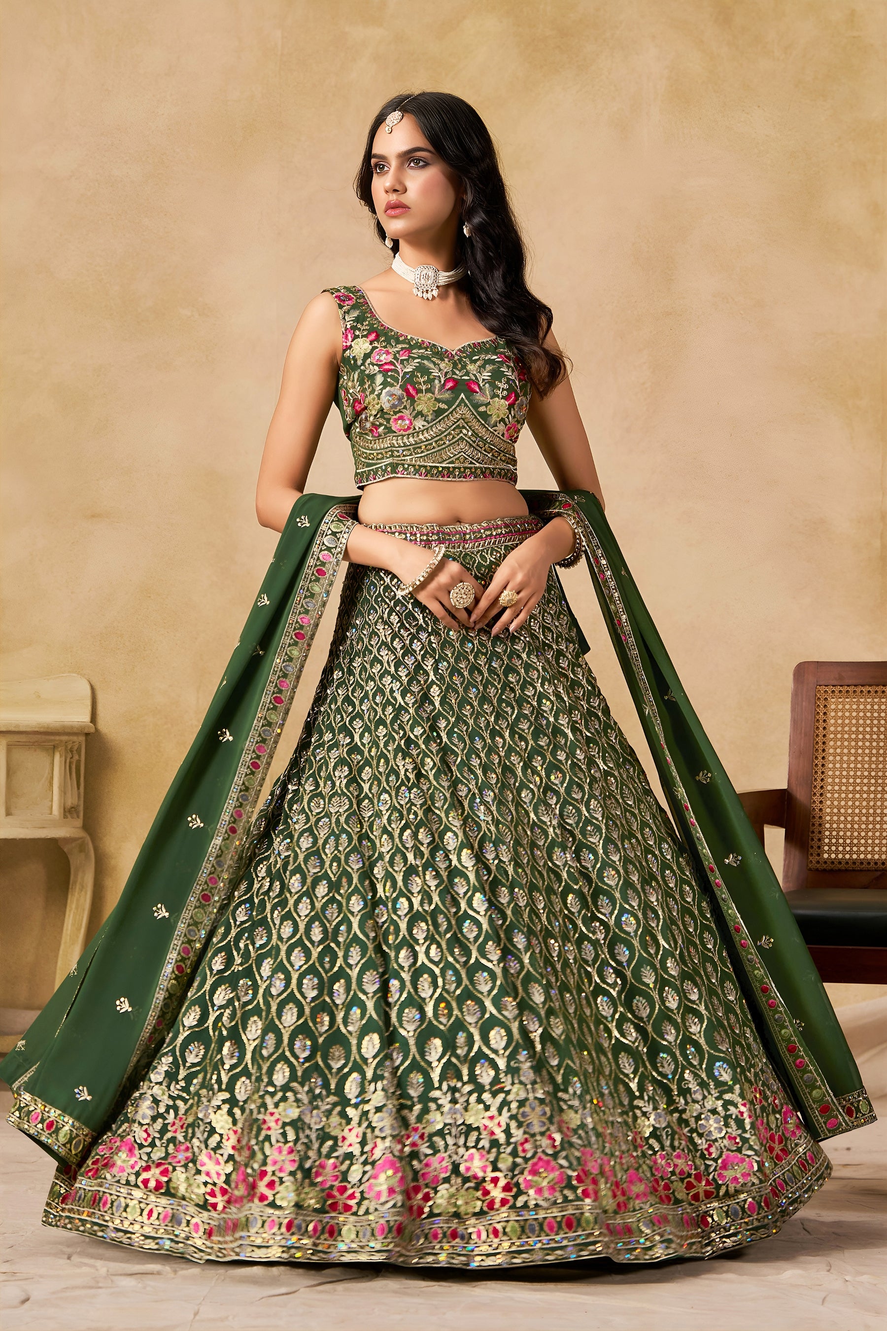 Georgette Zari-Weaving Lehenga Set with Heavy Embroidered Blouse & Dupatta Green