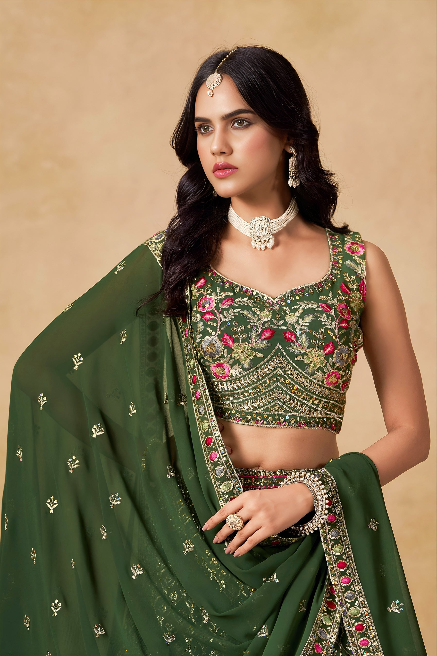 Georgette Zari-Weaving Lehenga Set with Heavy Embroidered Blouse & Dupatta Green