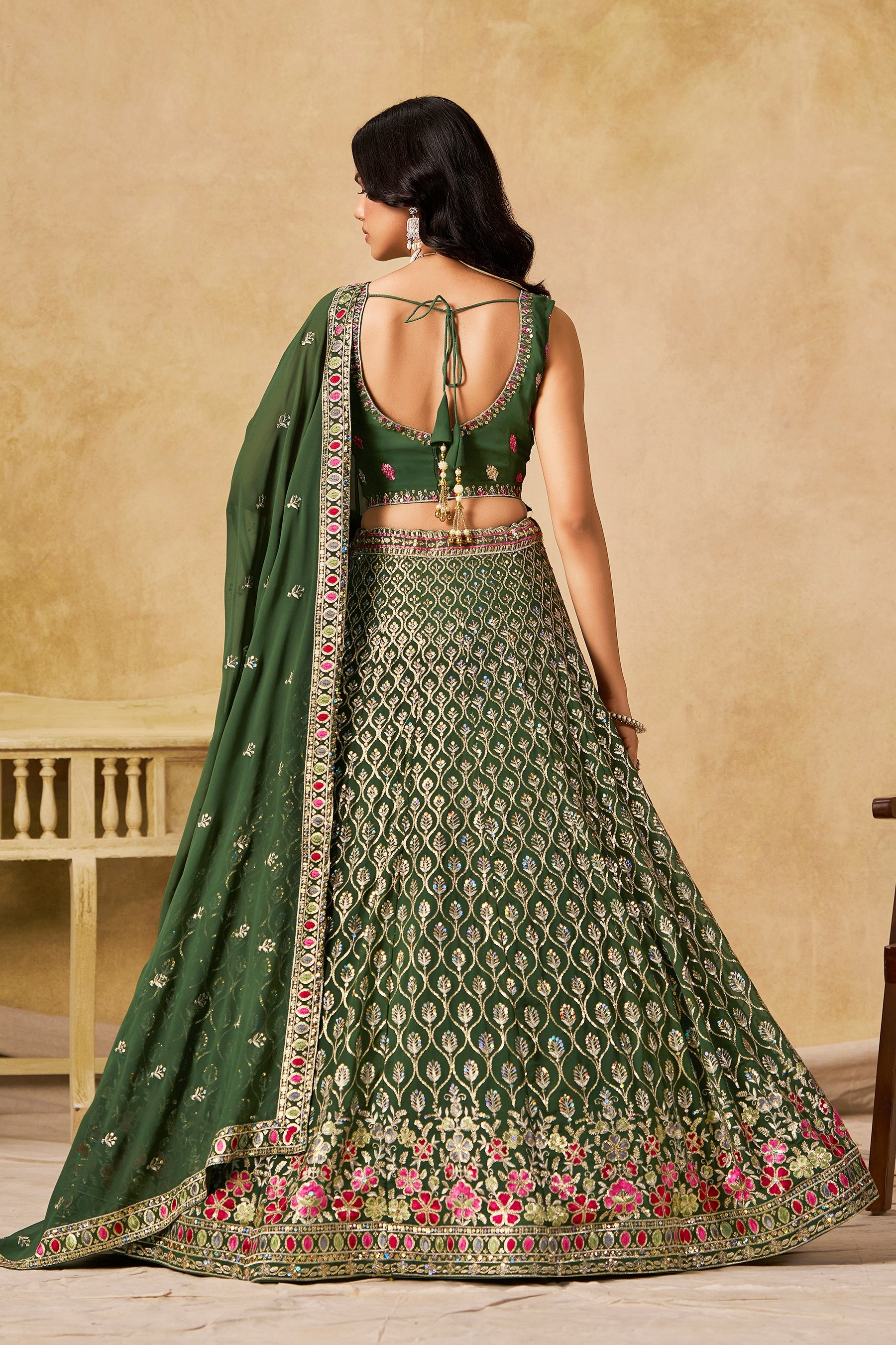 Georgette Zari-Weaving Lehenga Set with Heavy Embroidered Blouse & Dupatta Green