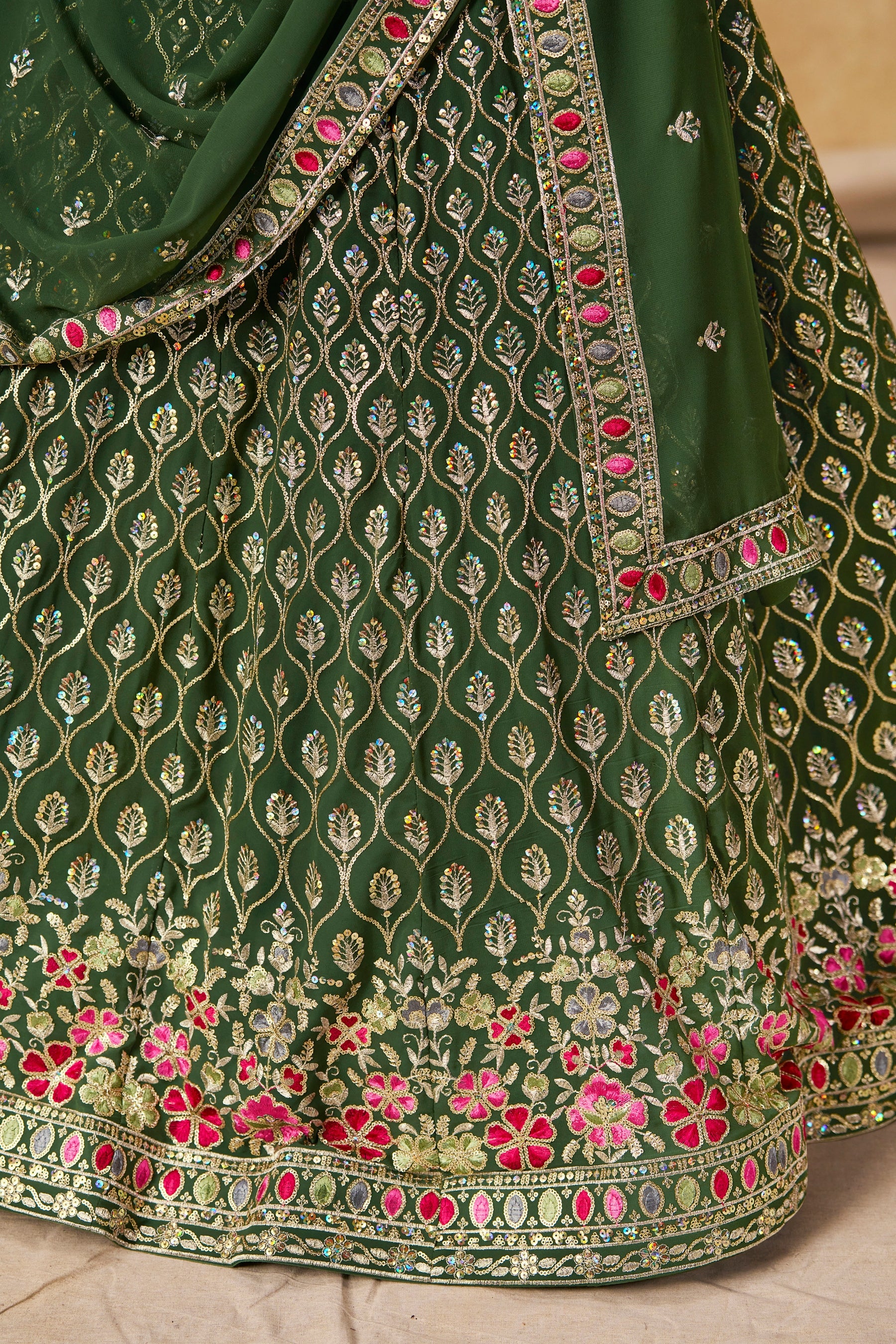 Georgette Zari-Weaving Lehenga Set with Heavy Embroidered Blouse & Dupatta Green