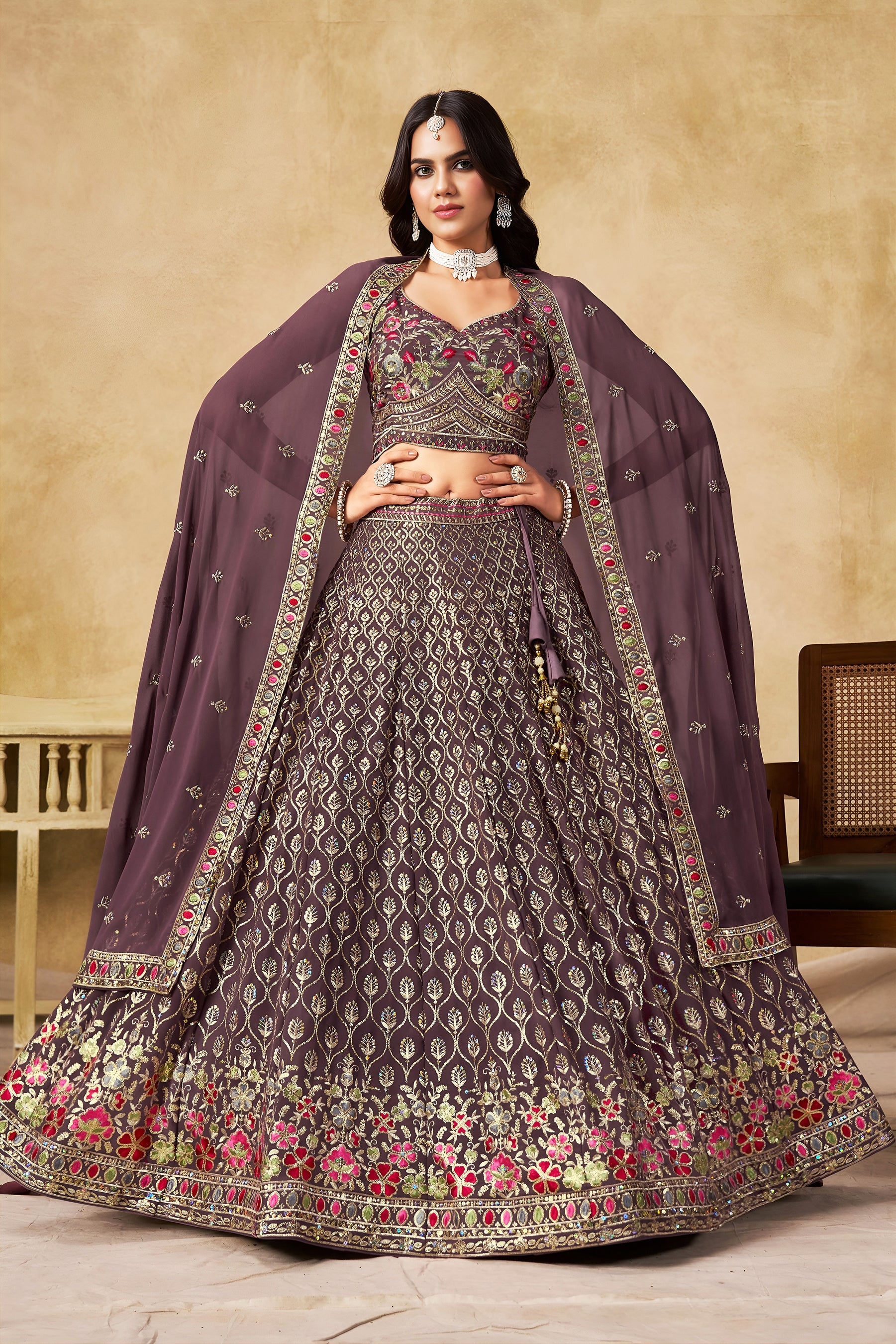 Georgette Zari-Weaving Lehenga Set with Heavy Embroidered Blouse & Dupatta Light Purple