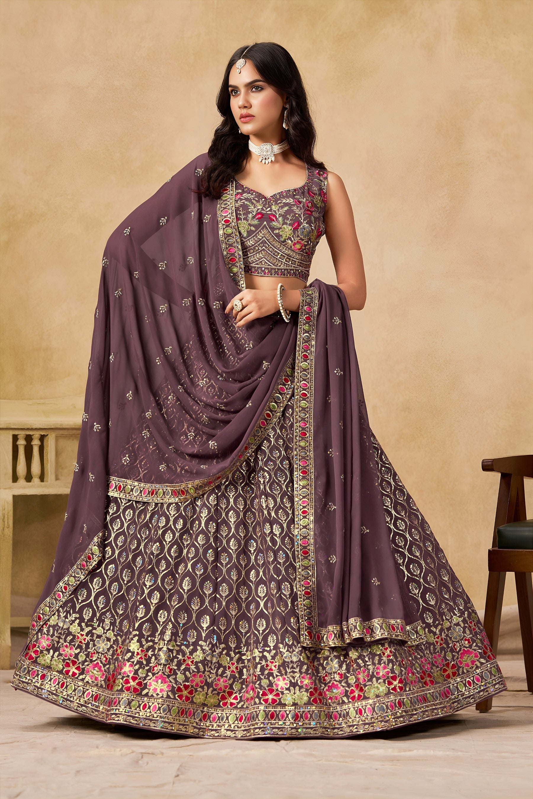 Georgette Zari-Weaving Lehenga Set with Heavy Embroidered Blouse & Dupatta Light Purple