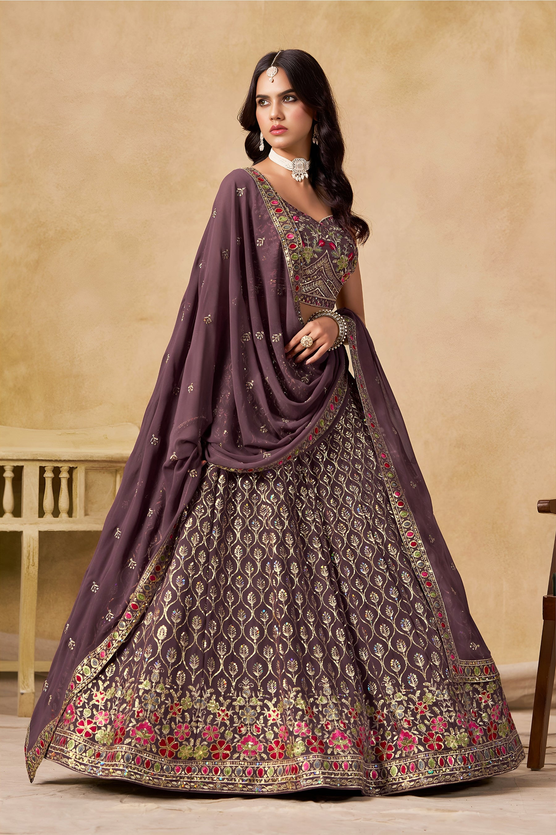 Georgette Zari-Weaving Lehenga Set with Heavy Embroidered Blouse & Dupatta Light Purple