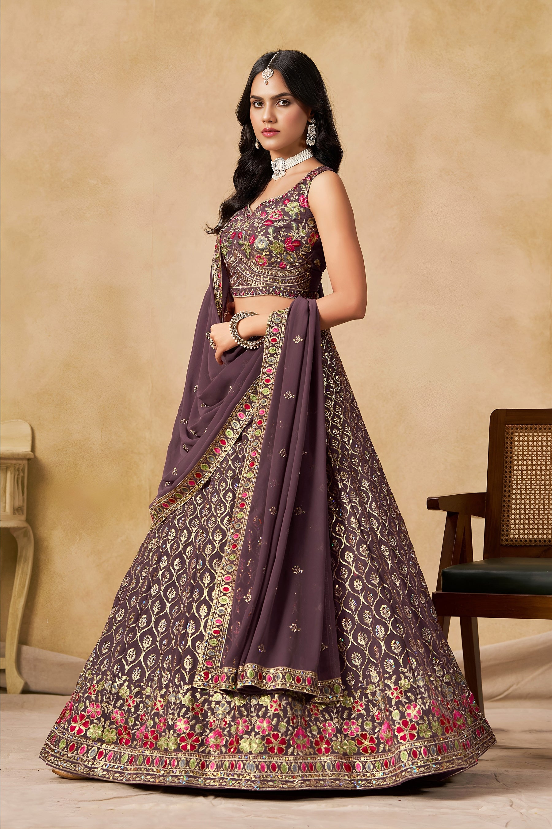 Georgette Zari-Weaving Lehenga Set with Heavy Embroidered Blouse & Dupatta Light Purple