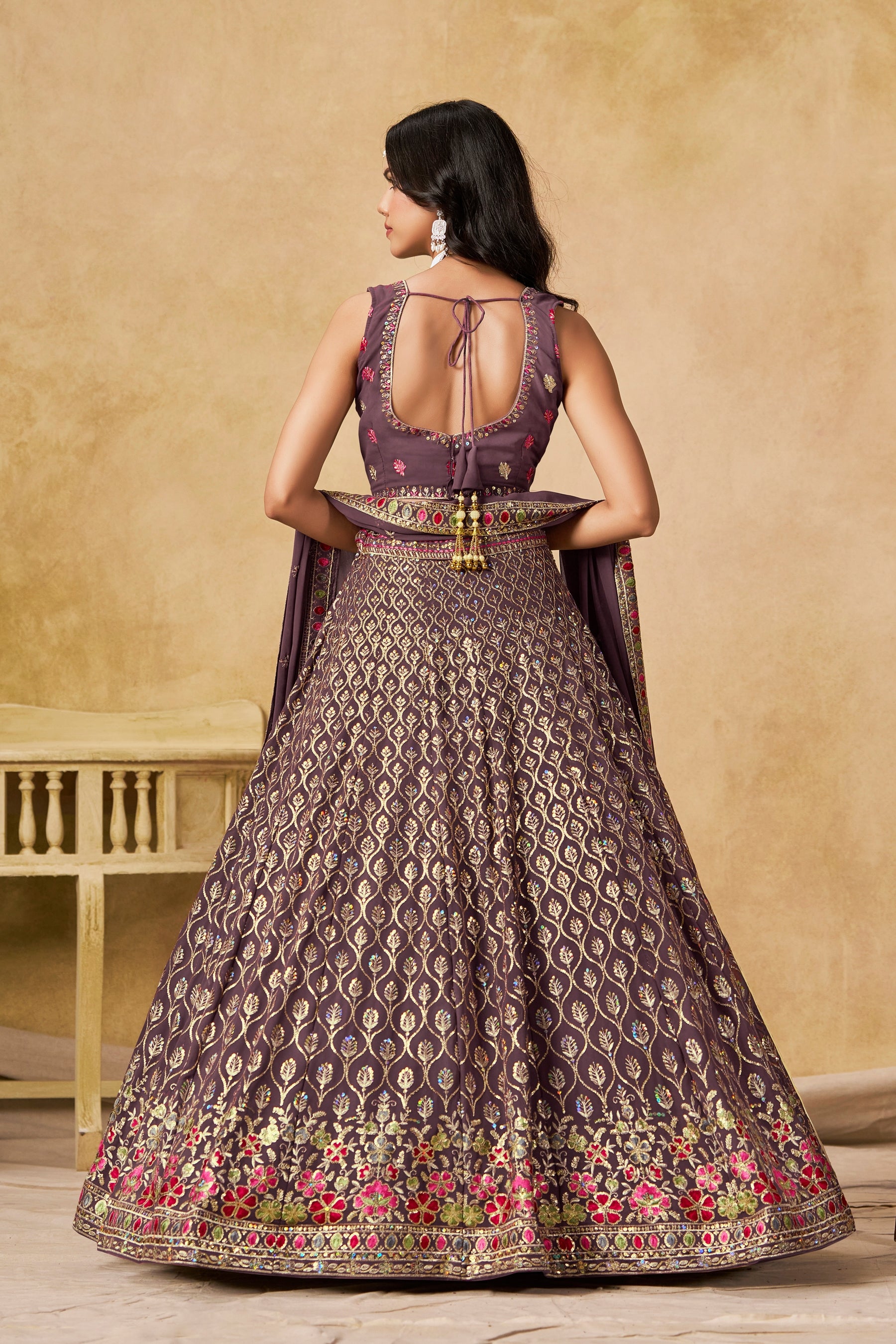 Georgette Zari-Weaving Lehenga Set with Heavy Embroidered Blouse & Dupatta Light Purple
