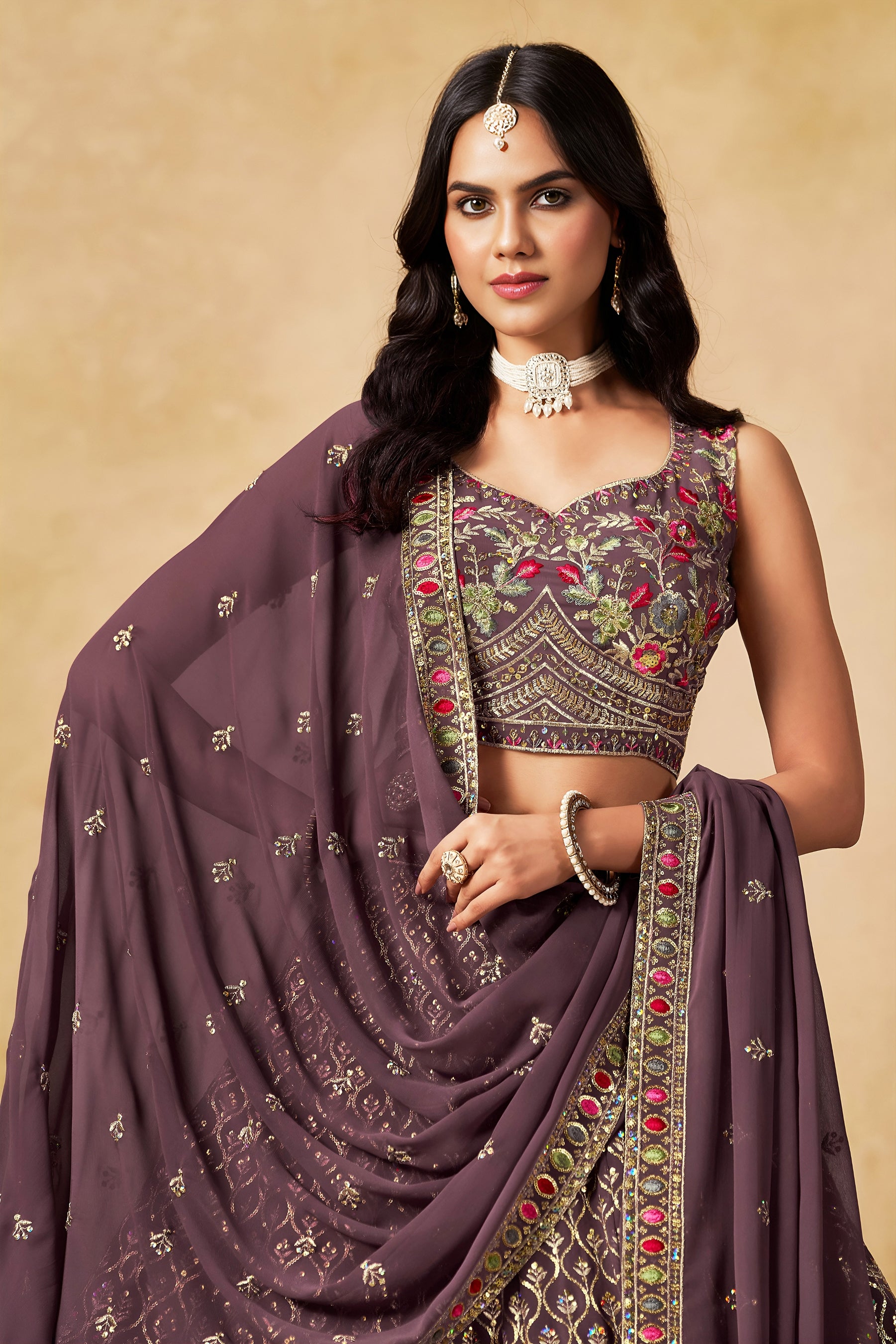Georgette Zari-Weaving Lehenga Set with Heavy Embroidered Blouse & Dupatta Light Purple