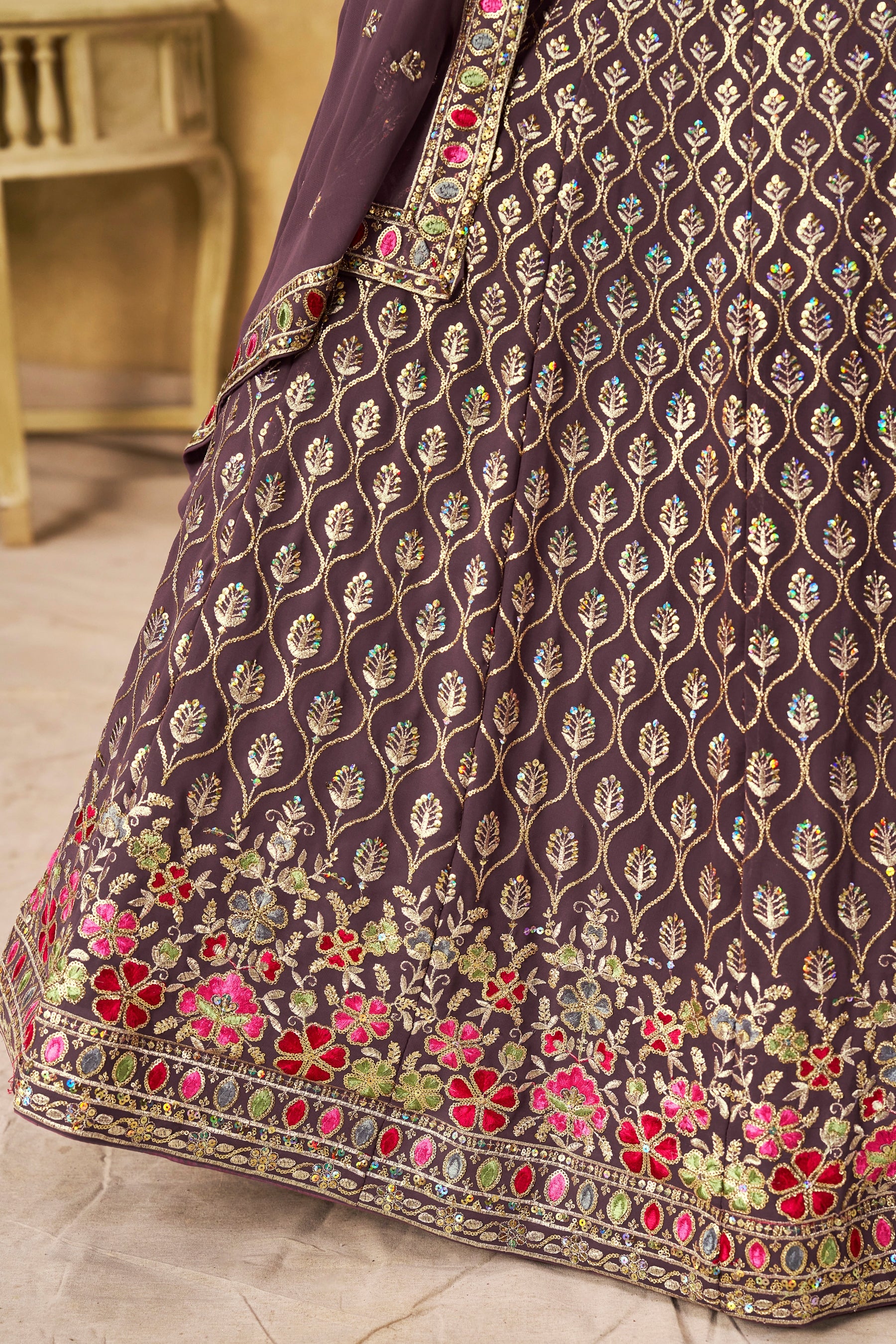 Georgette Zari-Weaving Lehenga Set with Heavy Embroidered Blouse & Dupatta Light Purple